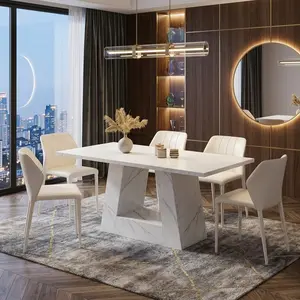 63Inch White Faux Marble Rectangular Dining Table 4-6 Seater Waterproof Scratch Resistant MDF Multi Purpose Dinner Desk For Kitchen Dining Room Home Decor