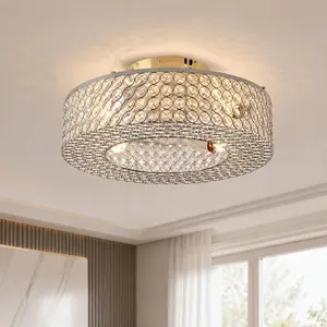 19.6" Crystal Ceiling Fan with Remote, Flush Mount Chandelier Fan, 6-Speed DC Motor Reversible, for Living Room Bedroom, Bulbs Not Included