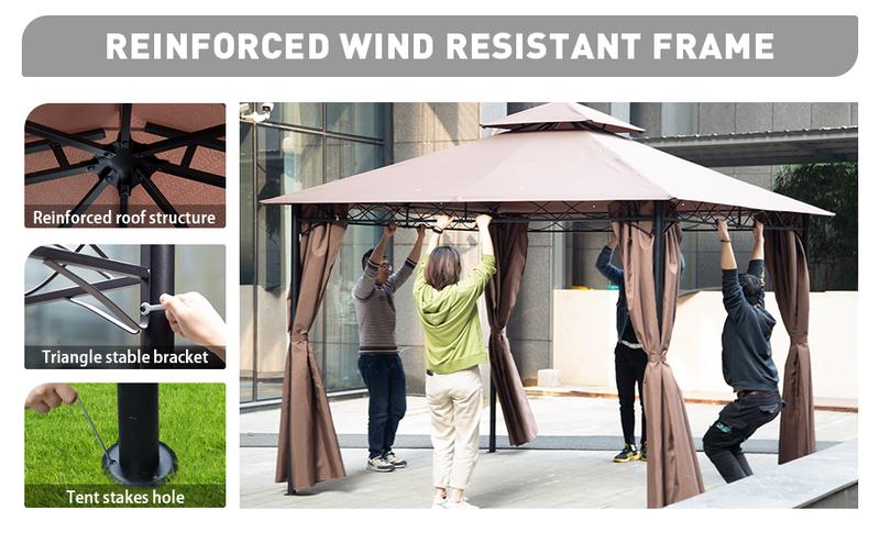 FDW 10'x13' Outdoor Patio Gazebo Heavy Duty Steel Frame Canopy with Double Roof, Privacy Curtains, for Garden, Backyard, and Lawn (Brown)