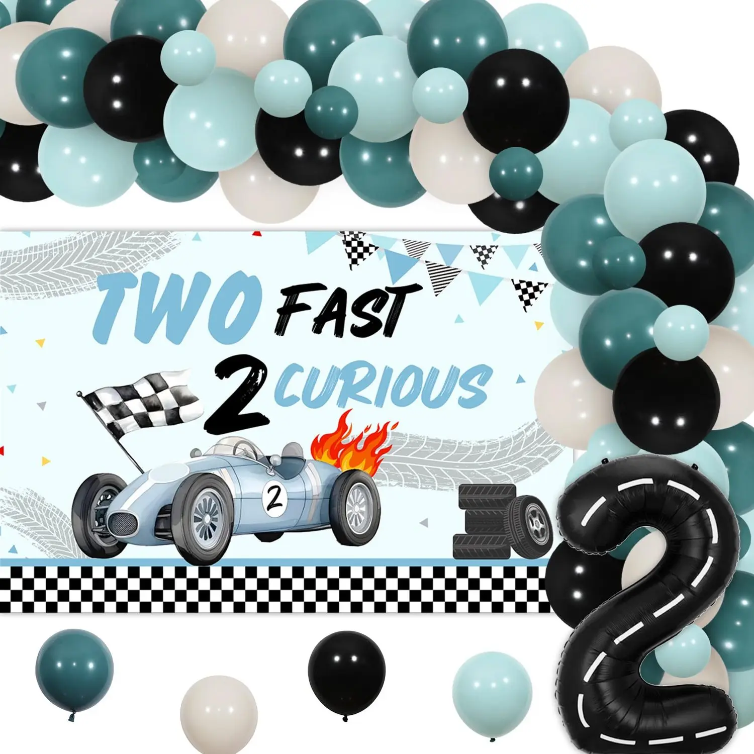 1Set Two Fast Two Curious Birthday Decorations Boy Race Car 2anniversary Birthday Decorations Balloons Arch with Backdrop Checkered Number 2 Foil Balloons Blue Black Lets Go Racing 2anniversary Party