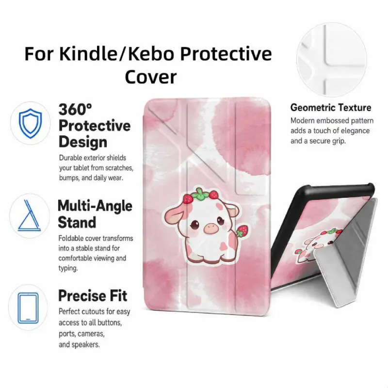 For Kindle/Kobo/Tolino Case, with stand Pink Watercolor Cow Pattern for New Kindle 11Th 2019, for Kindle 11th Generation Case for Kindle 11Th (2022/2024), 6-Inch, 7-Inch Kindle Paperwhite 12Th Generation 2024 Vision Color (2024) /Vision 6 (2021）/Shine Col