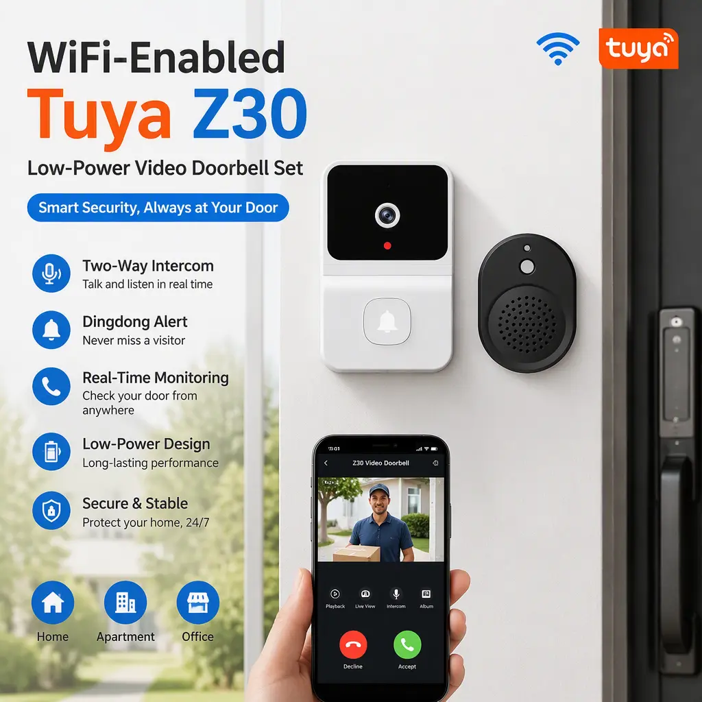 WiFi‑Enabled Tuya Z30 Low‑Power Video Doorbell Set, Two‑Way Intercom, Dingdong Alert, Real‑Time Monitoring by Smartphone