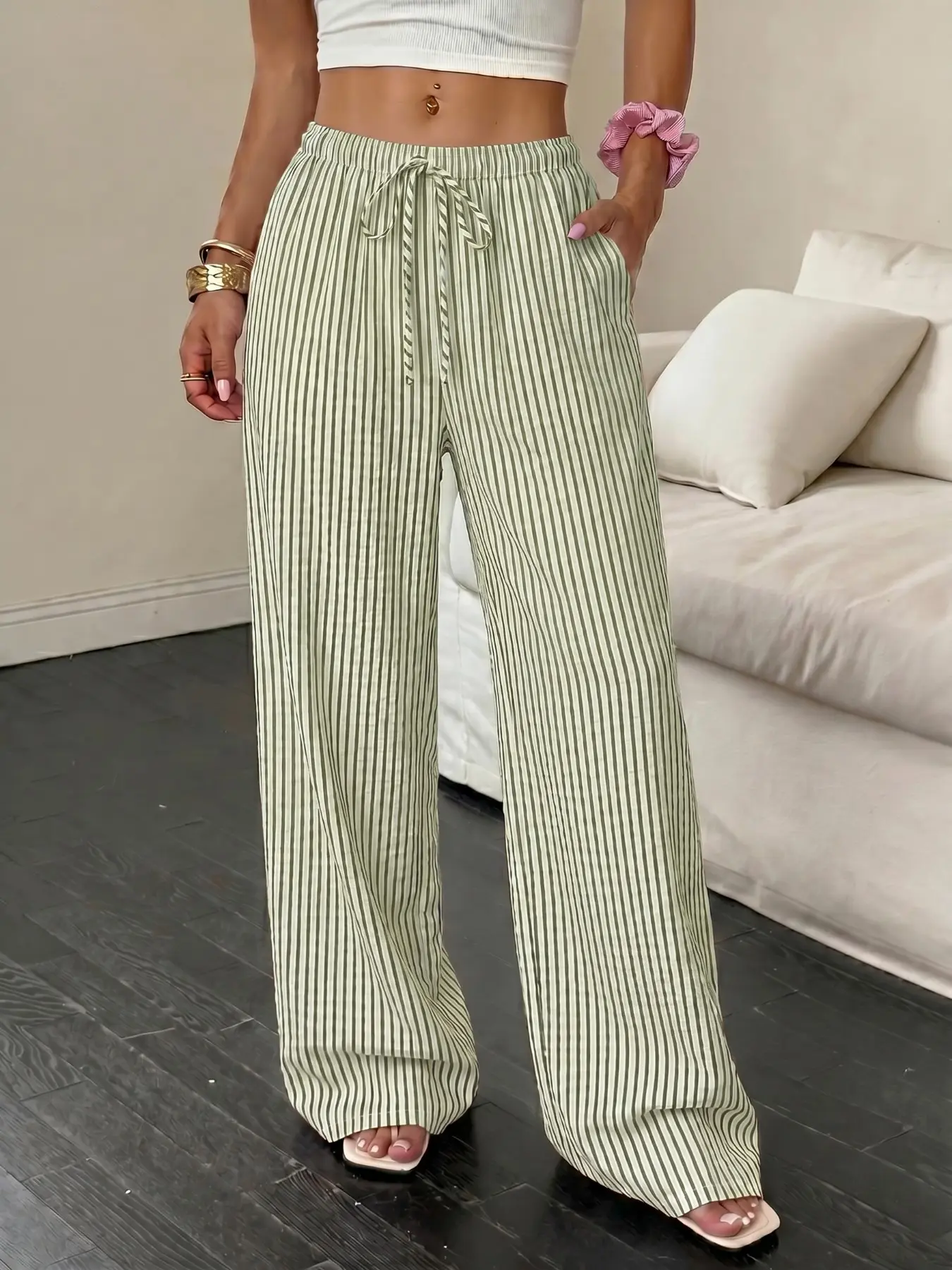 Vacation Style Vertical Stripe High Waist Adjustable Drawstring Wide Leg Pants Side Pocket Full Length Loose Baggy Casual Striped Trousers Perfect For Streetwear, Coastal Daily Look, Beach Trip And Home Loungewear Outfits