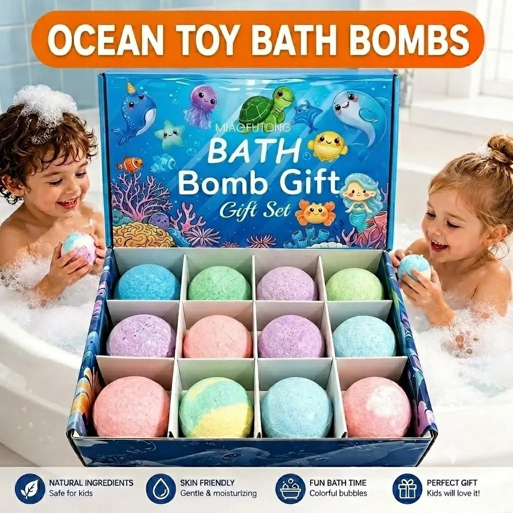 Sea Salt Bath Balls Set, Ocean Toy Bath Salt Balls Box 60g*12 Fun Bubble Bath Balls, Random Small Toys Included