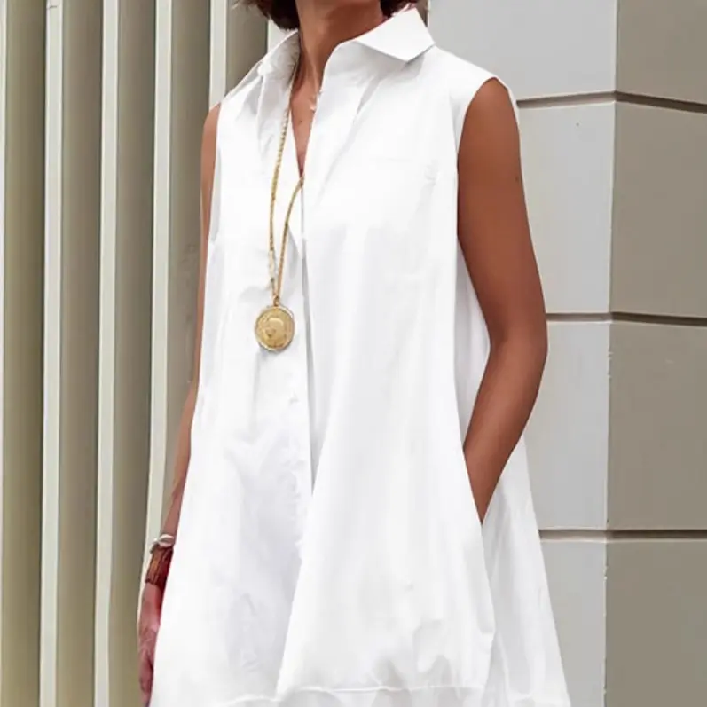 Loose Sleeveless Buttoned Solid Color Lapel Midi Dresses Shirt Dress