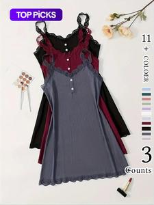 women's plain buttons contrast lace cami nightdress, elegant sleeveless nightgown, comfy sleepwear for summer, sleepwear for women, womens clothes