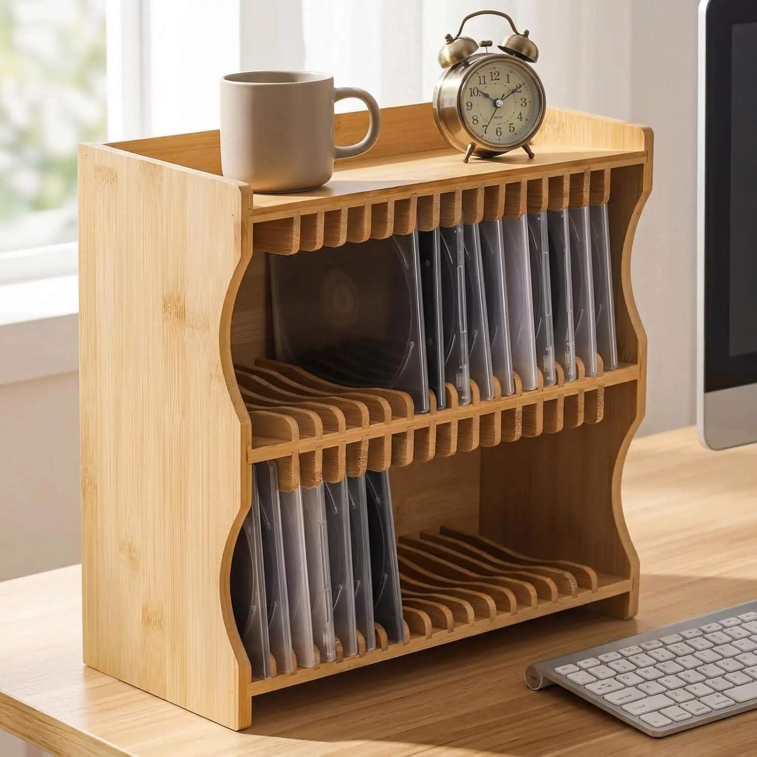 CD Holder Rack, Bamboo CD Rack Organizer with Rubber Feet, DVD Display Shelf for Movie Cases, DVDs, Cassette Tape, Holds up to 32 CD Cases