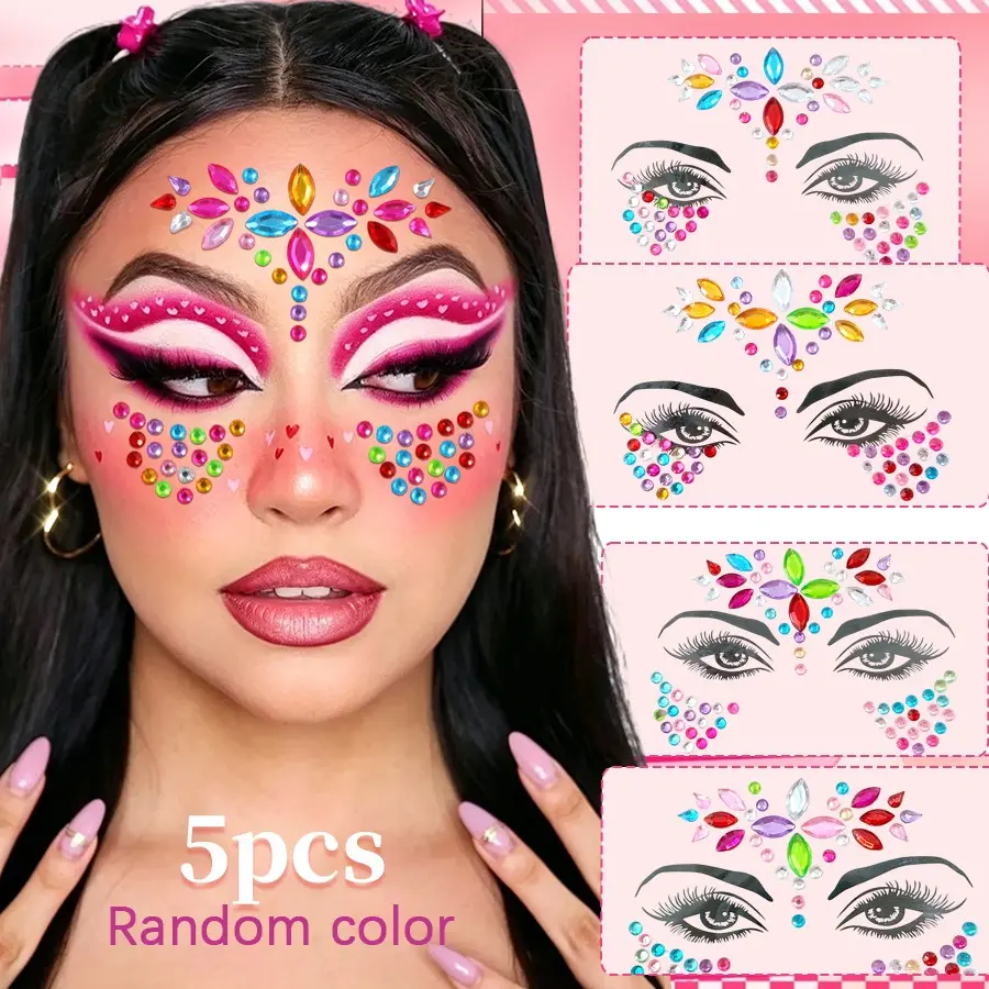 5Pcs Random Colorful Dot & Teardrop Face Rhinestone Stickers Set, Forehead Gem Decals for Music Festival & Rave, Sparkly Crystal Eye & Face Makeup Decor for Stage Party