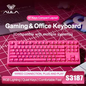 Aula S3187 Wired Keyboard, Plug-And-Play, 87 Keys, RGB Lighting, Membrane Design, Type-C Connection, Ergonomic, Office Gaming Typing, Lighted Keyboard