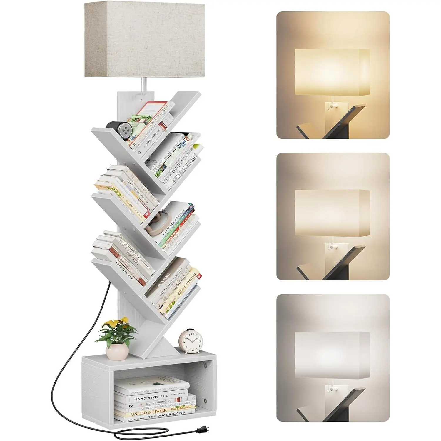 6 Tier Tree Bookshelf with Light, Narrow Bookcase Tower, Tall Floor Standing Book Shelf Organizer with Storage Cabinet for Living Room, Bedroom and Home Office, White