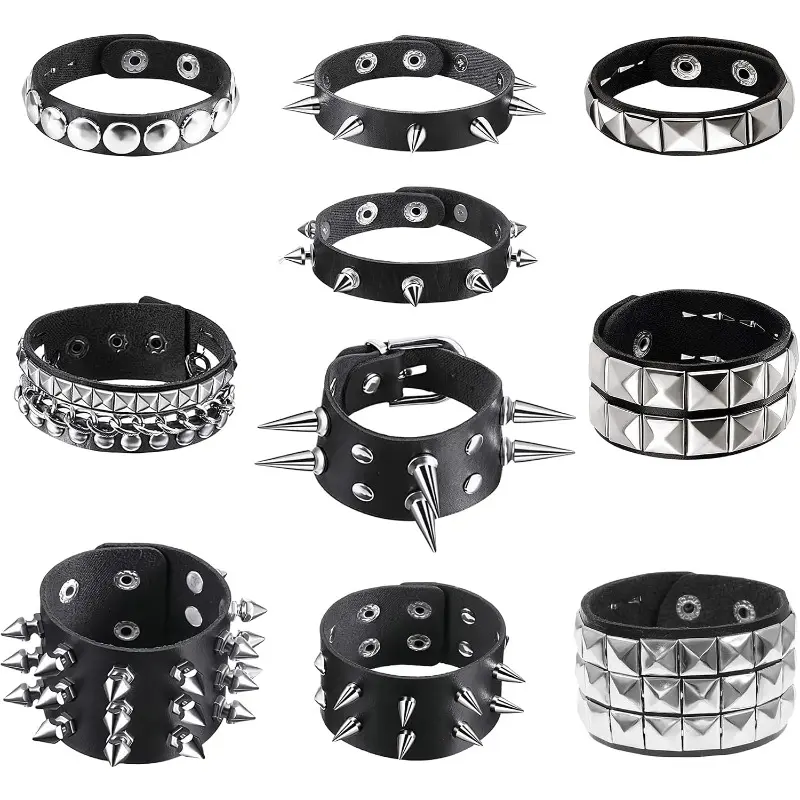 3/4/6/10Pcs Mixed Studded Spiked Rivet Bracelets - Y2k Black PU Leather Rock Cuff, Goth Emo Punk Accessories, Bracelets for Women Men (Halloween Use)