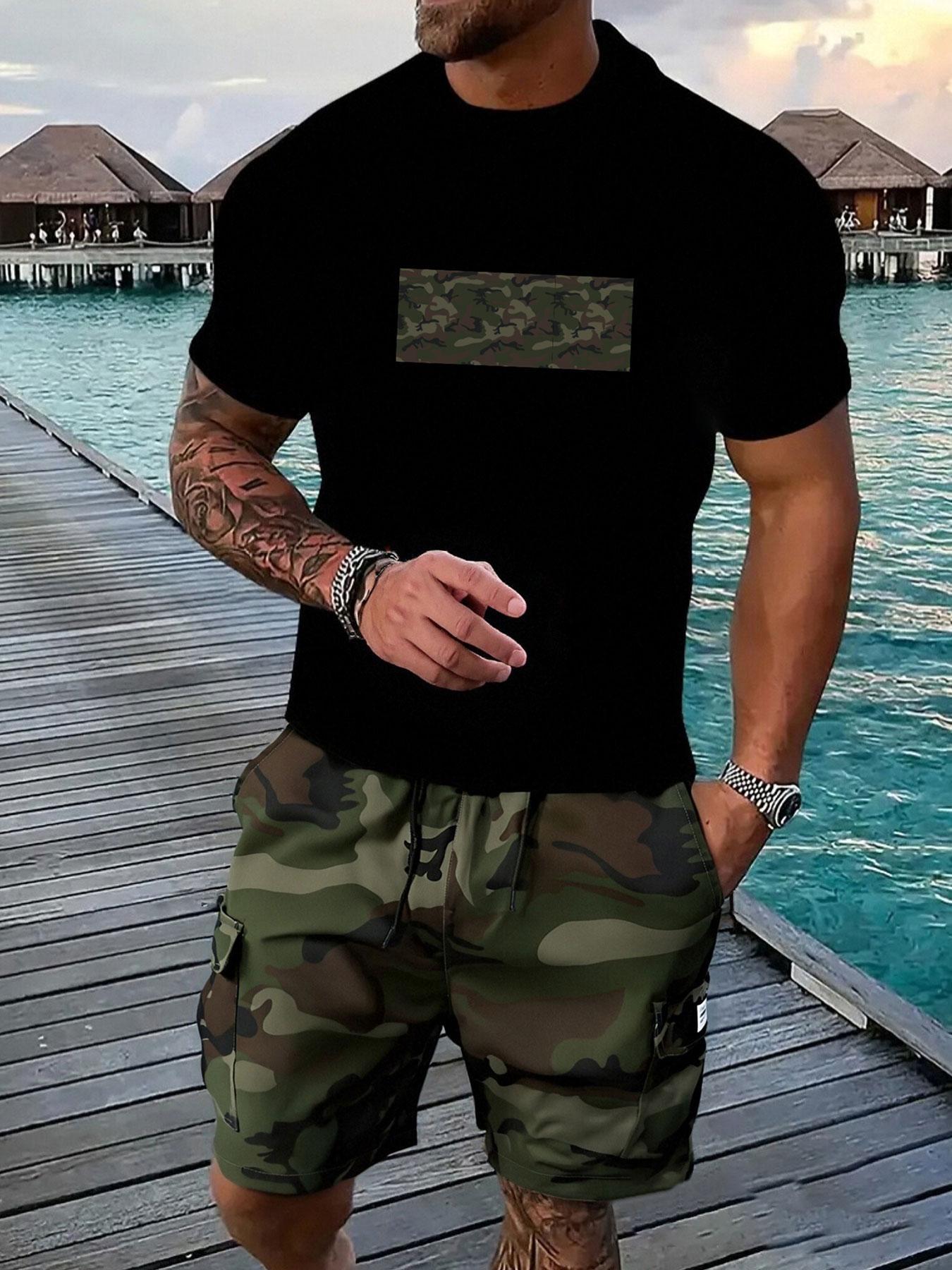 Two-Piece Set Men's Crop Tee & Shorts, Regular Fit Casual Short Sleeve T-shirt & Camouflage Print Shorts, Men's Summer Outfits