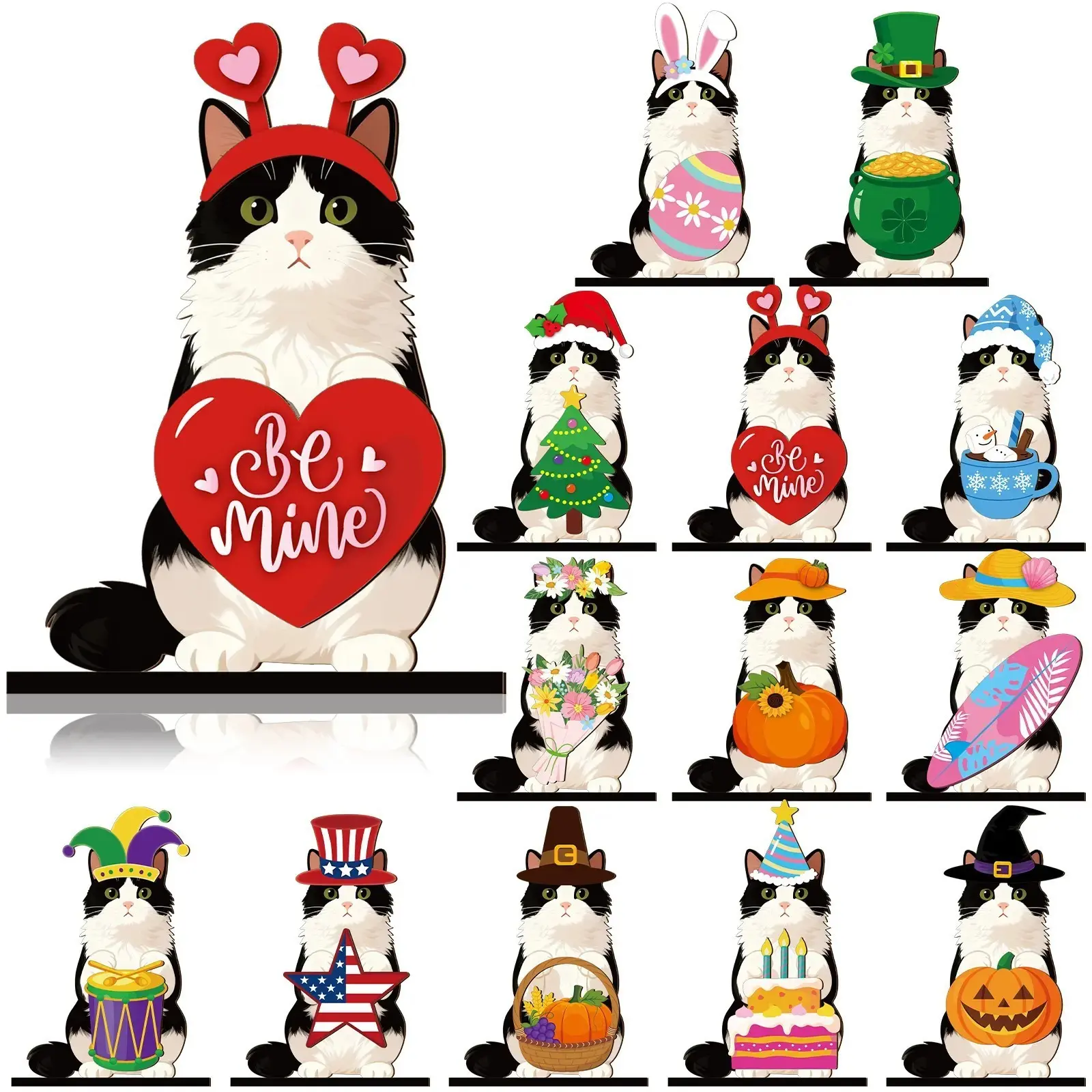Seasonal Cat Wooden Decoration Set, Magnetic Hat Included, Cute Cat Sign Desk Decor, DIY Farm Animal Stand, Holiday Home Office Tray, Birthday Gift