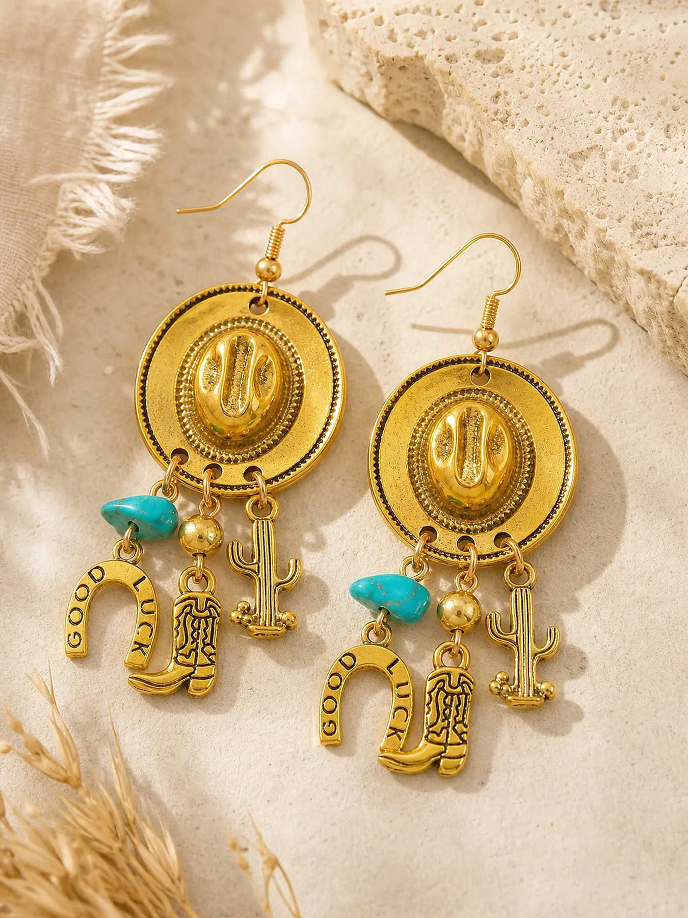 Vintage Western Style Earrings, Cowboy Hat Boots Turquoise Inlay, Slimming Versatile Ear Rings, Retro Fashion Jewelry