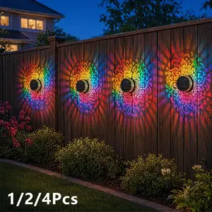 1/2/4Pcs Solar Mandala Projection Wall Lamp,solar mandala lights outdoor，Decorative Colorful Solar Mandala Lights, Outdoor Waterproof,Metal Solar Led Patio Outdoor Step Wall Light, metal-accented LED wall lights,  for Garden, Patio, Backyard