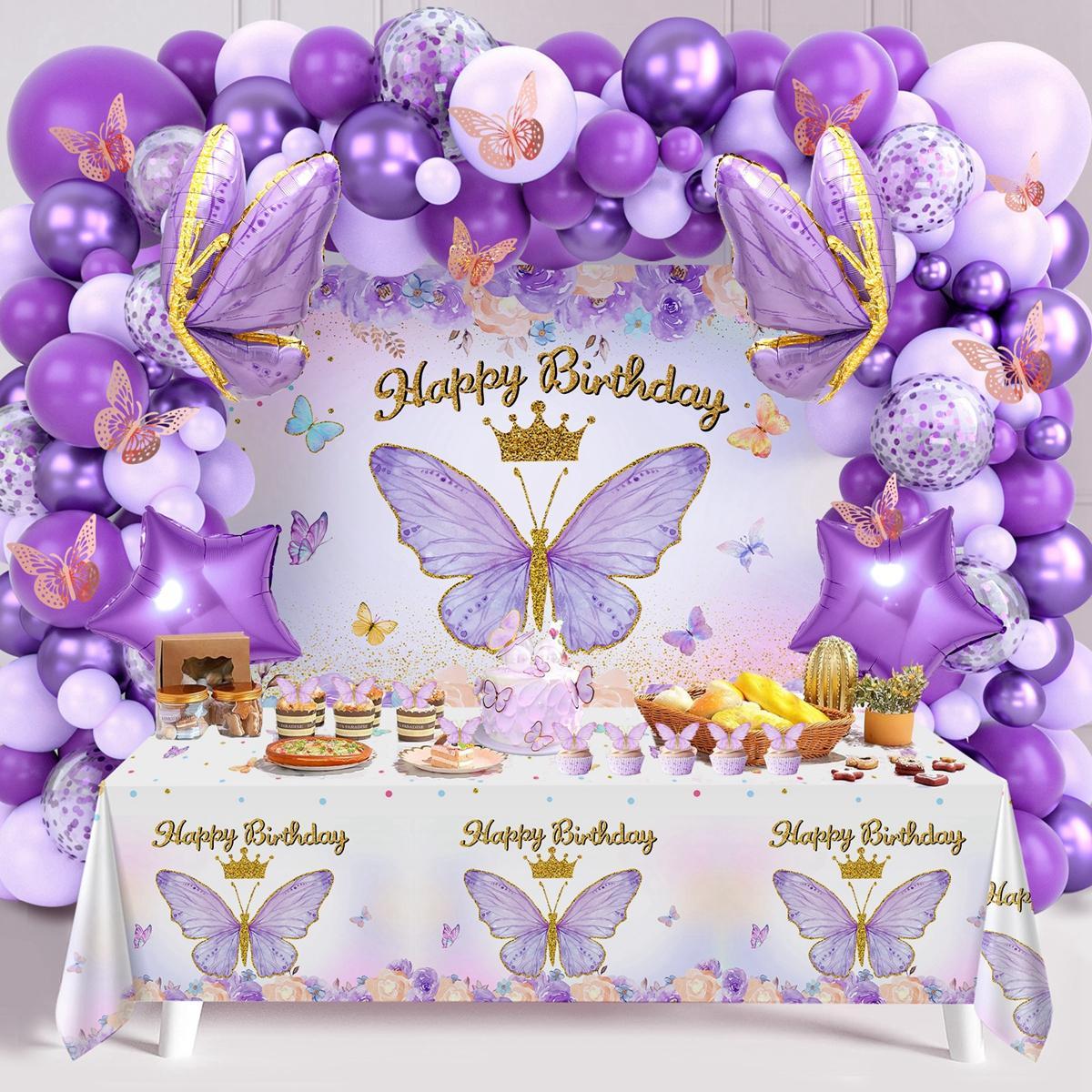 Butterfly Pink/Purple Balloon Tablecloth Backdrop Set,94pcs Pink Butterfly Latex Balloon Girls Birthday Party Decoration,Happy Birthday  Balloon Arch Kit