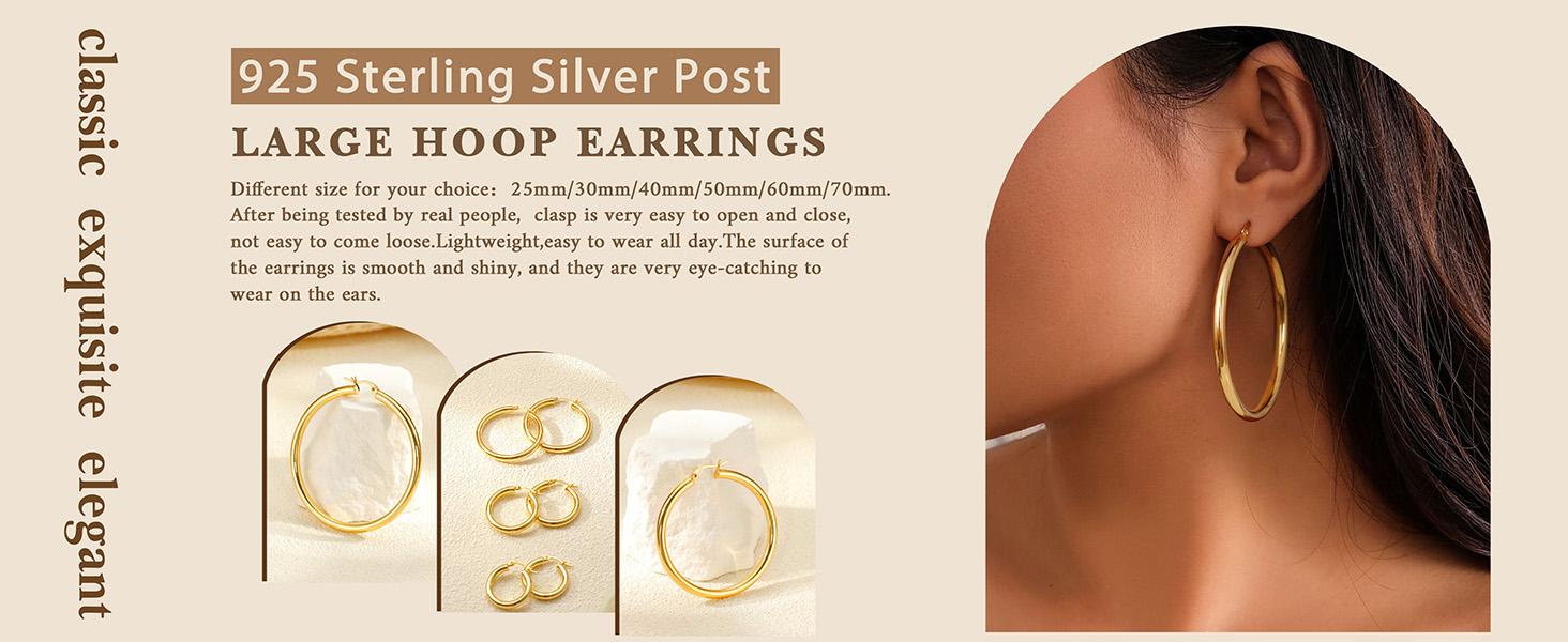 LOLIAS 14K Chunky Gold Hoop Earrings for Women 925 Sterling Silver Post Hollow Tube Hoops Earrings 4mm Thick Hoop Earrings Hypoallergenic Lightweight Gold Big Large Hoop Earrings 25/30/40/50/60/70MM