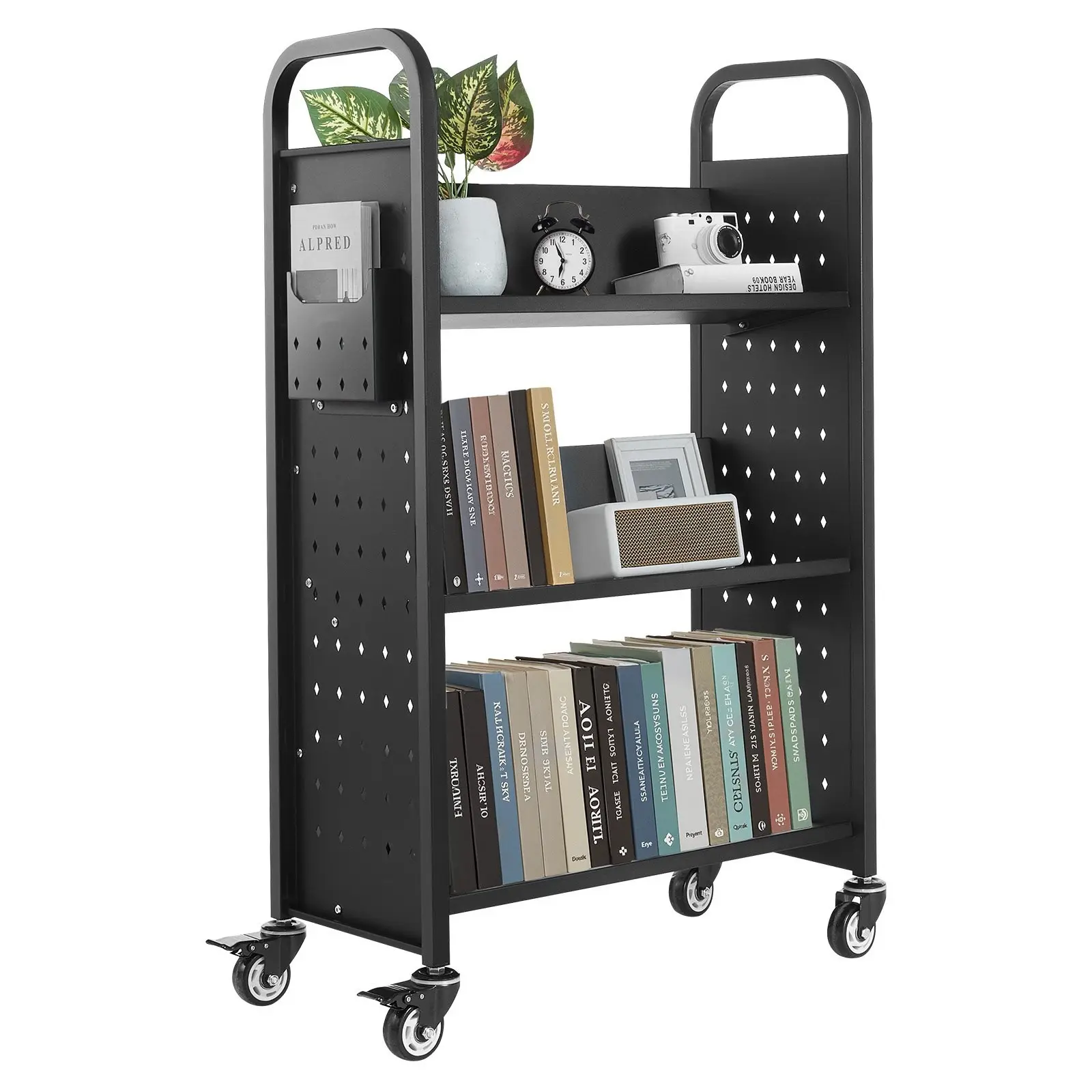 3-Tier Rolling Book Cart With Single-Sided V-Shaped Shelves, Black Mobile Library Cart For Home Office, Classroom, Or Waiting Room, Easy Assembly, Smooth-Glide Casters, Sturdy Steel Frame, Ample Storage Capacity