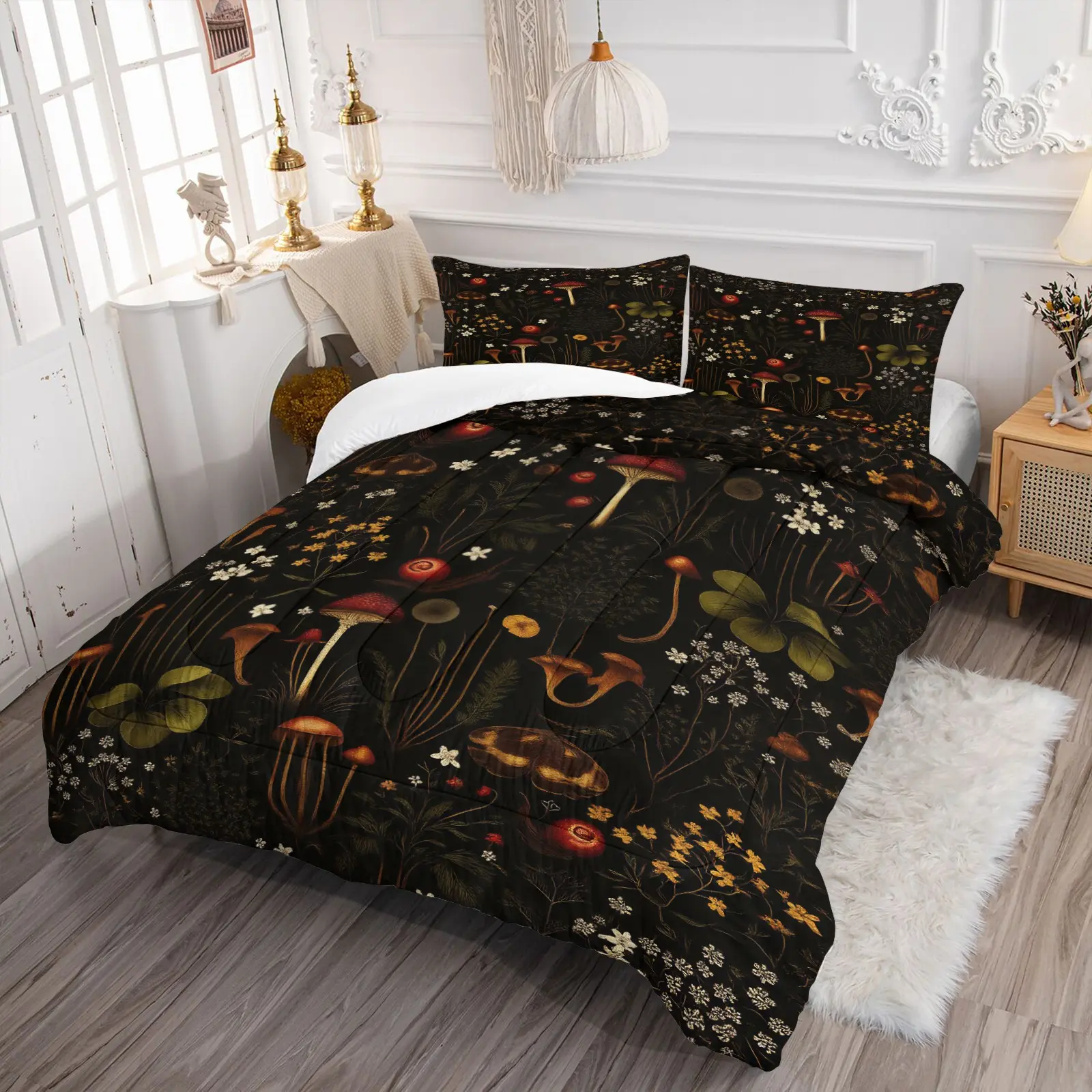 Cute Mushroom Fungi Comforter Set, Whimsical Botanical Wild Plants Bedding Set, Includes 1 Quilt & 1-2 Pillowcase No Pillow Insert, Wild Flowers Jungle Bedroom Decor for Nature Lovers Teens Adults