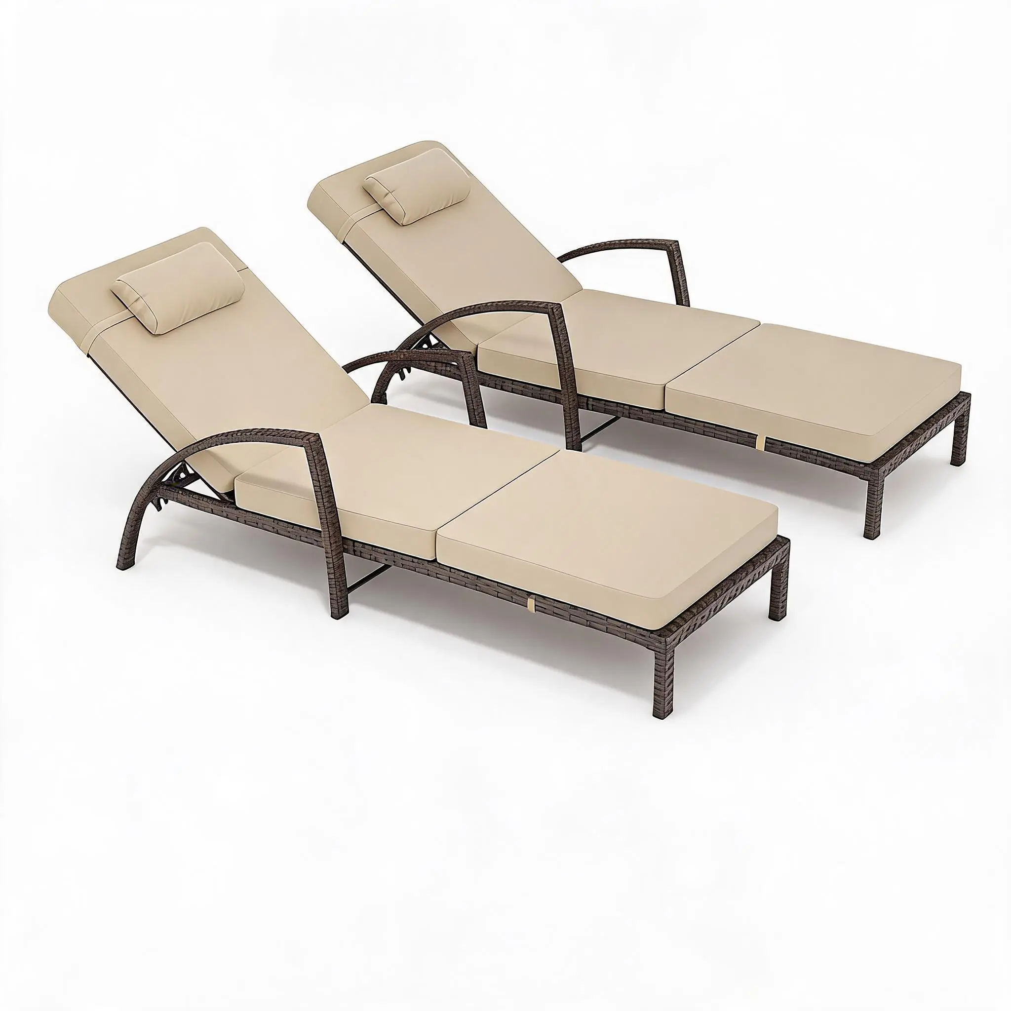 Outdoor Chaise Lounge Set of 2, PE Rattan Wicker Patio Lounge Chair w/ 5-Level Backrest, Cushion, Armrest and Wheels, Easy Assembly, Outside Furniture for Garden, Pool, Beach,