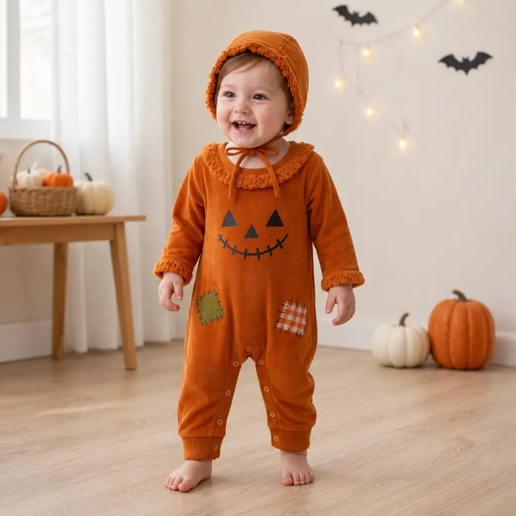 Baby Halloween Pumpkin Romper Costume, Cute Scarecrow Style One Piece Outfit with Bonnet for Fall Photos, Party & Holiday Gift