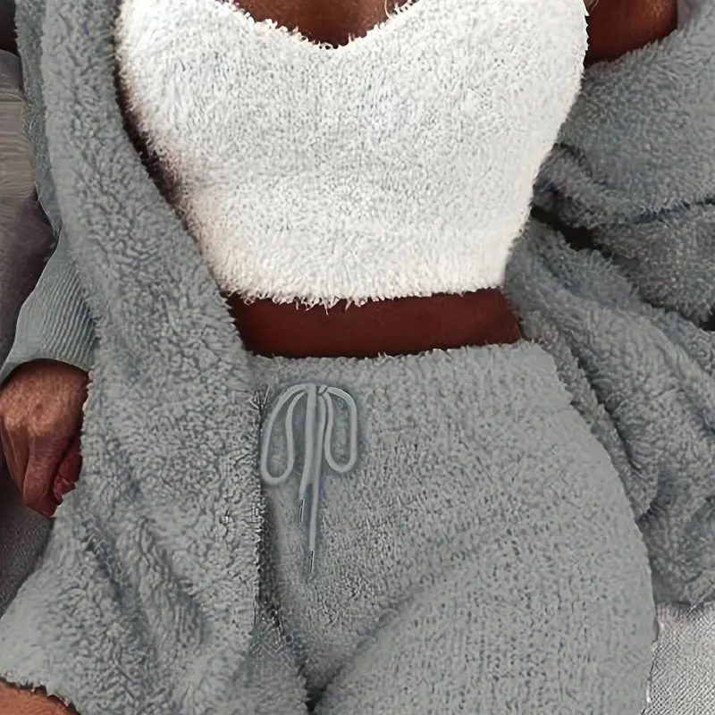 Women's Solid Color Plush Three-piece Pyjama Set, Fluffy Pajamas, Casual Comfy V Neck Crop Cami Top & Hooded Coat & Tie Front Shorts Loungewear Set, Women's Sleepwear for Winter, Fluffy Pajamas, Loungewear Nightwear