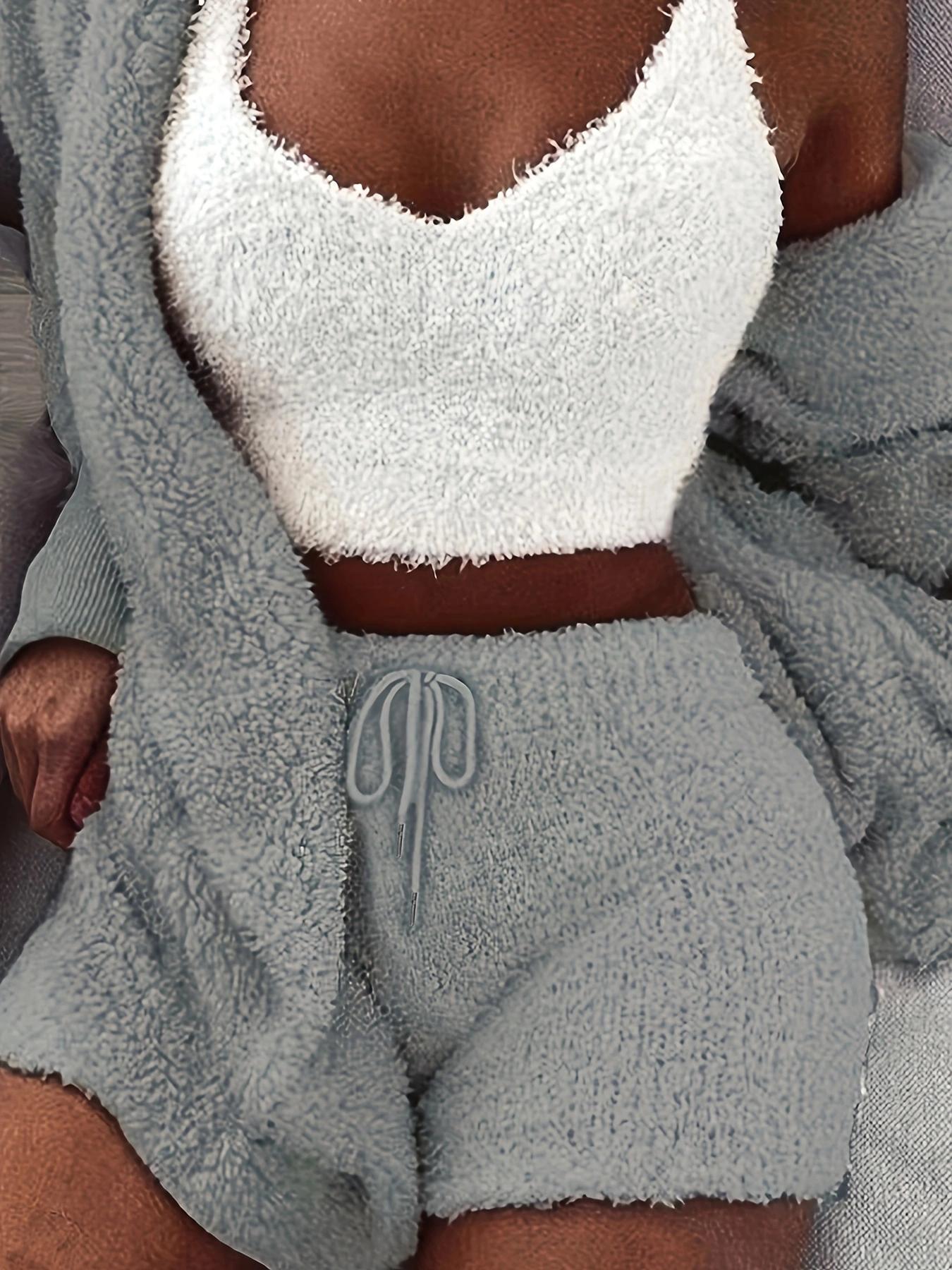 Women's Solid Color Plush Three-piece Pyjama Set, Fluffy, Soft Pajamas, Comfy V Neck Cami Top & Hooded Coat & Tie Front Shorts Loungewear Set, Women's Sleepwear for Winter