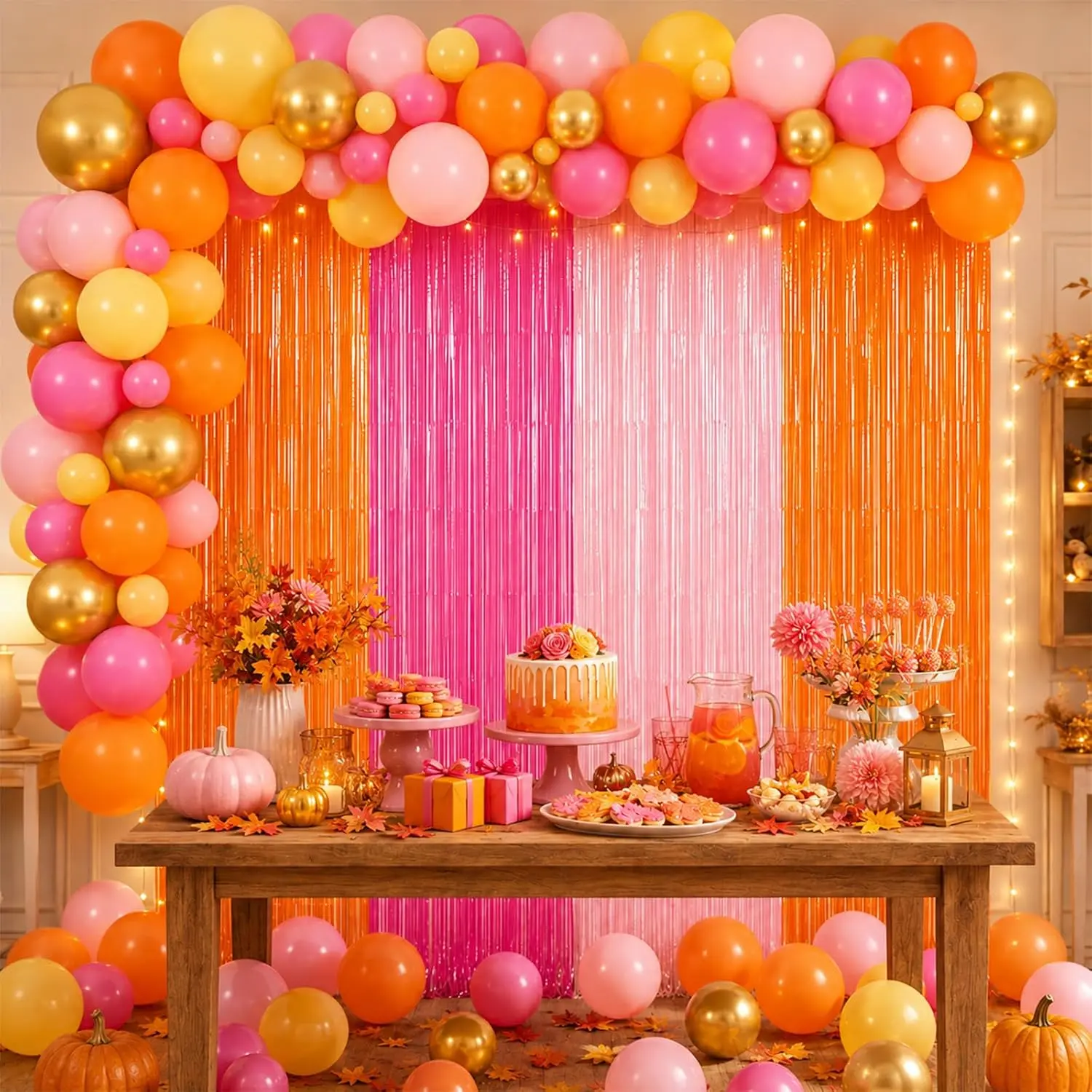 82 count Sunset Party Decorations Set 6.6ft Foil Fringe Curtains with Balloon Garland  Orange Red Photo Props Booth Backdrops for Sunset Autumn Thanksgiving Wedding Birthday Party Backdrop Decor
