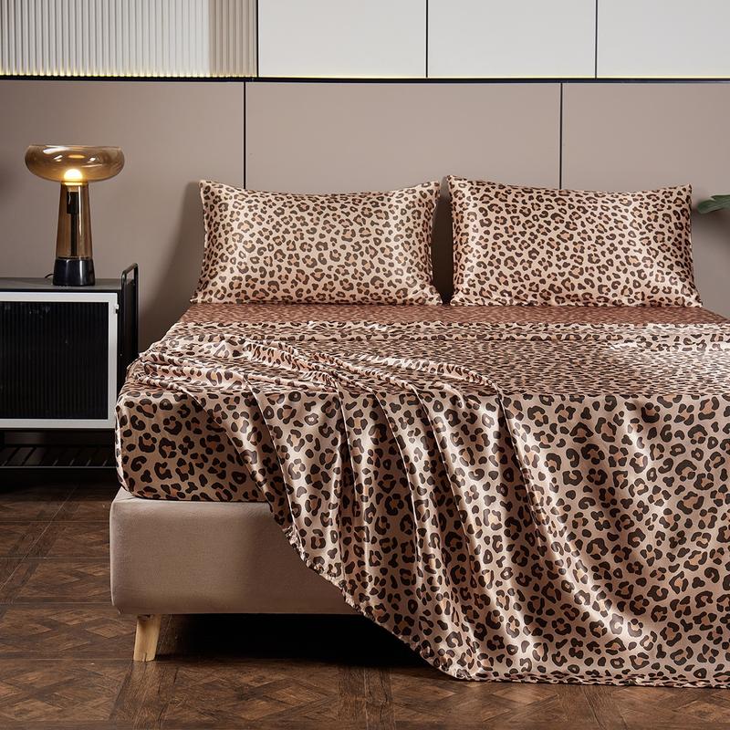 Leopard Print Bedding Set, 1 Set Including 1 Count Soft Comfortable Fitted Sheet & 1 Count Flat Sheet & 1/2 Counts Pillowcase without Filler, Halloween Decor Bedding Supplies for Home Bedroom Hotel
