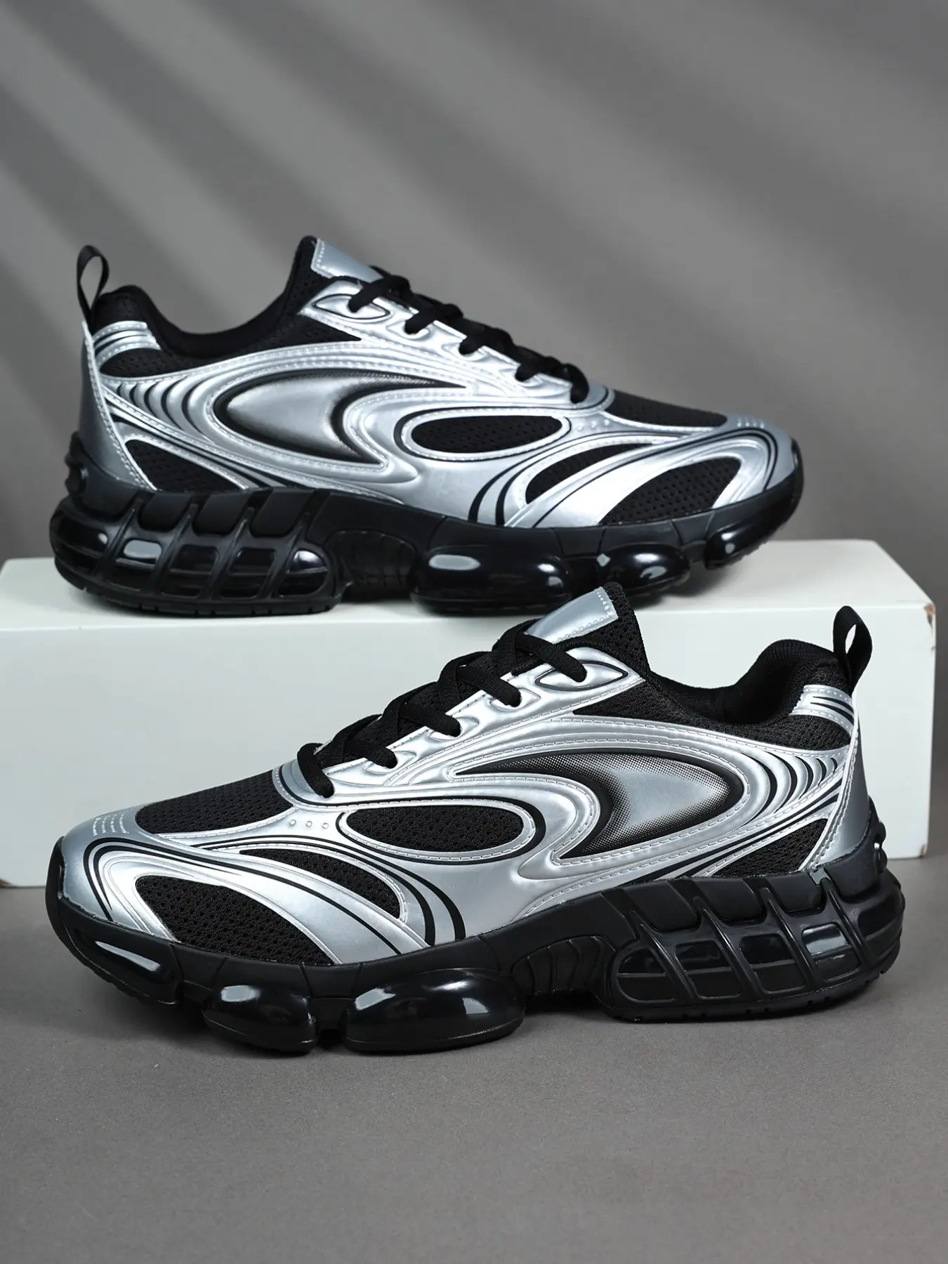 New Silver Color High-Quality Men's Casual Shoes, Comfortable Laces Sporty Sneakers, Outdoor Leisure Footwear, Spring & Fall