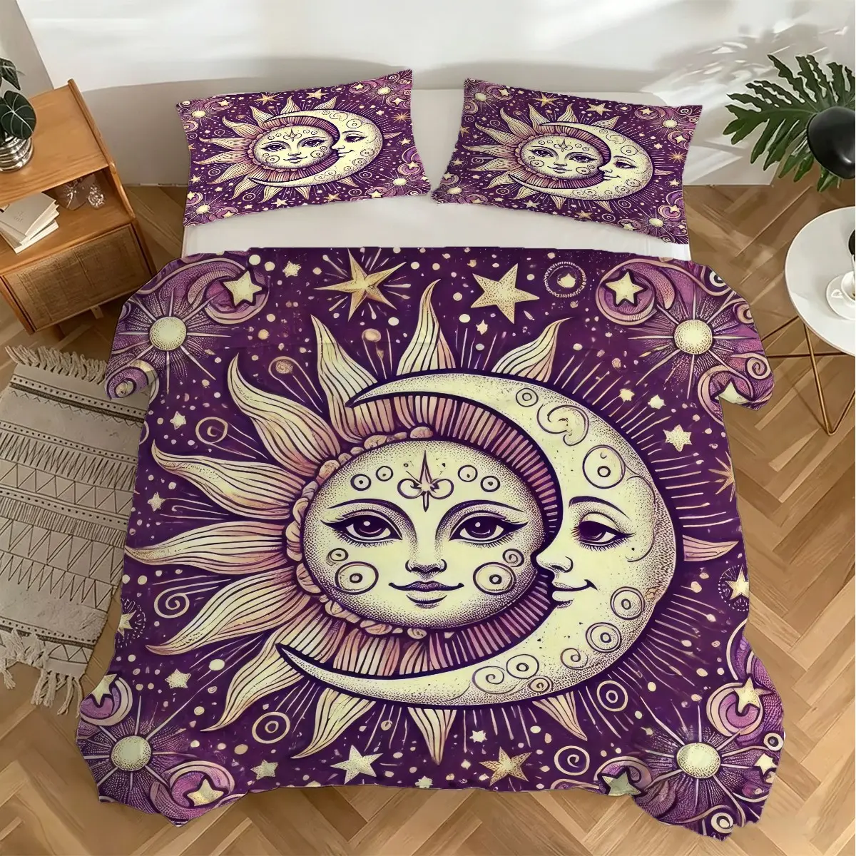 2/3pcs Purple Mystic Sun Moon Star Bedding Set, No Filling – Easy‑Care Duvet Cover Set, Suitable for Master Bedroom, Witchy Aesthetic Room, Spiritual Celestial Studio, Bohemian Log Cottage