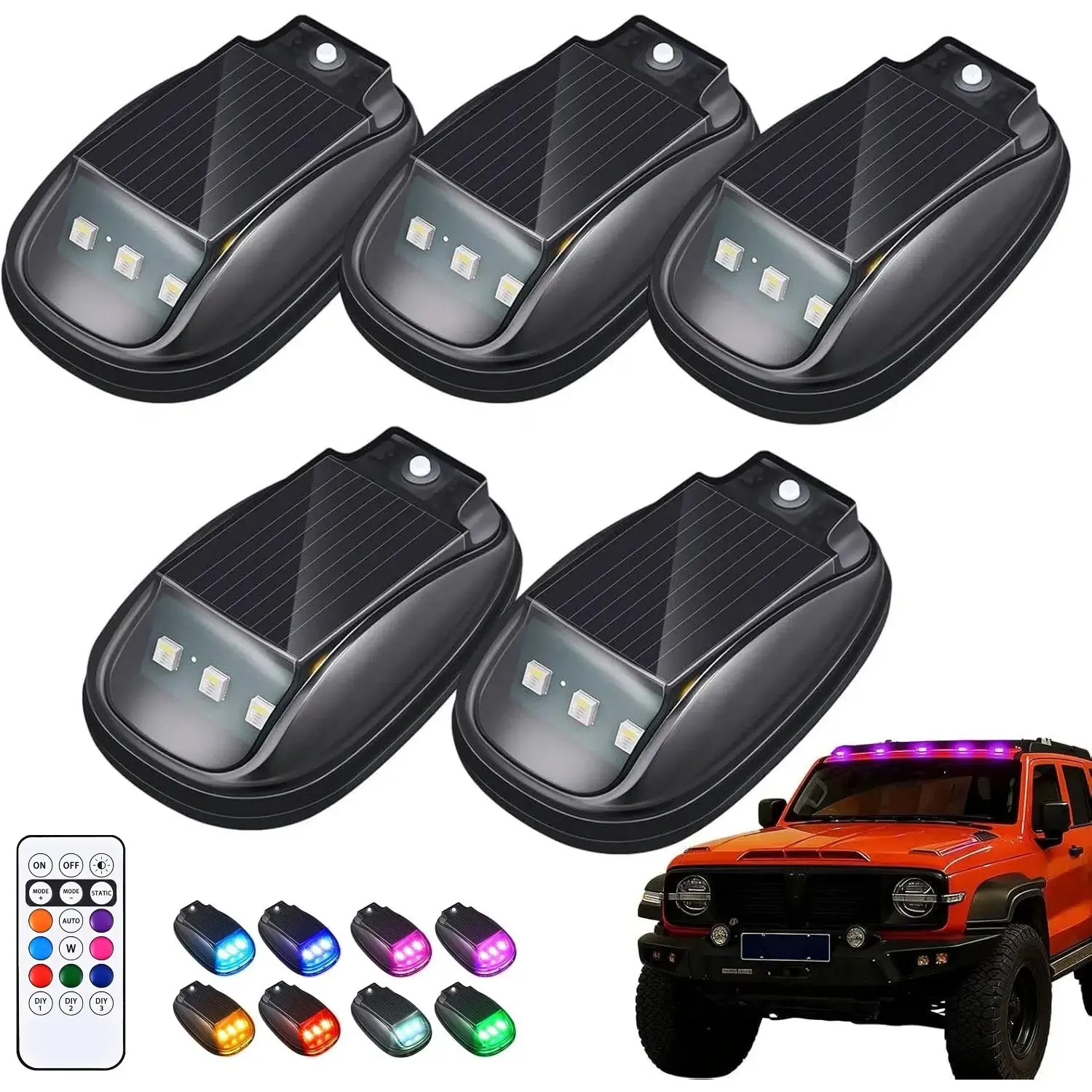 Solar RGB LED Cab Roof Marker Lights, 5 Pack Wireless Remote Control Truck Roof Running Lights, Vibration Sensor Auto On, Constant Light Mode, IP67 Waterproof Self-Adhesive Offroad SUV Pickup Jeep Top Decor Lamp