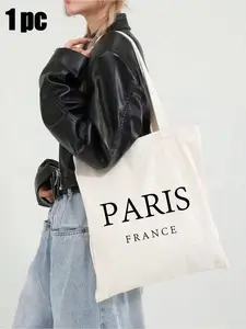 Simple and versatile white canvas letter handbag, simple black letter design, fashionable Parisian French letters, fashionable Paris, versatile canvas "Parisian French" handbag/canvas shoulder bag