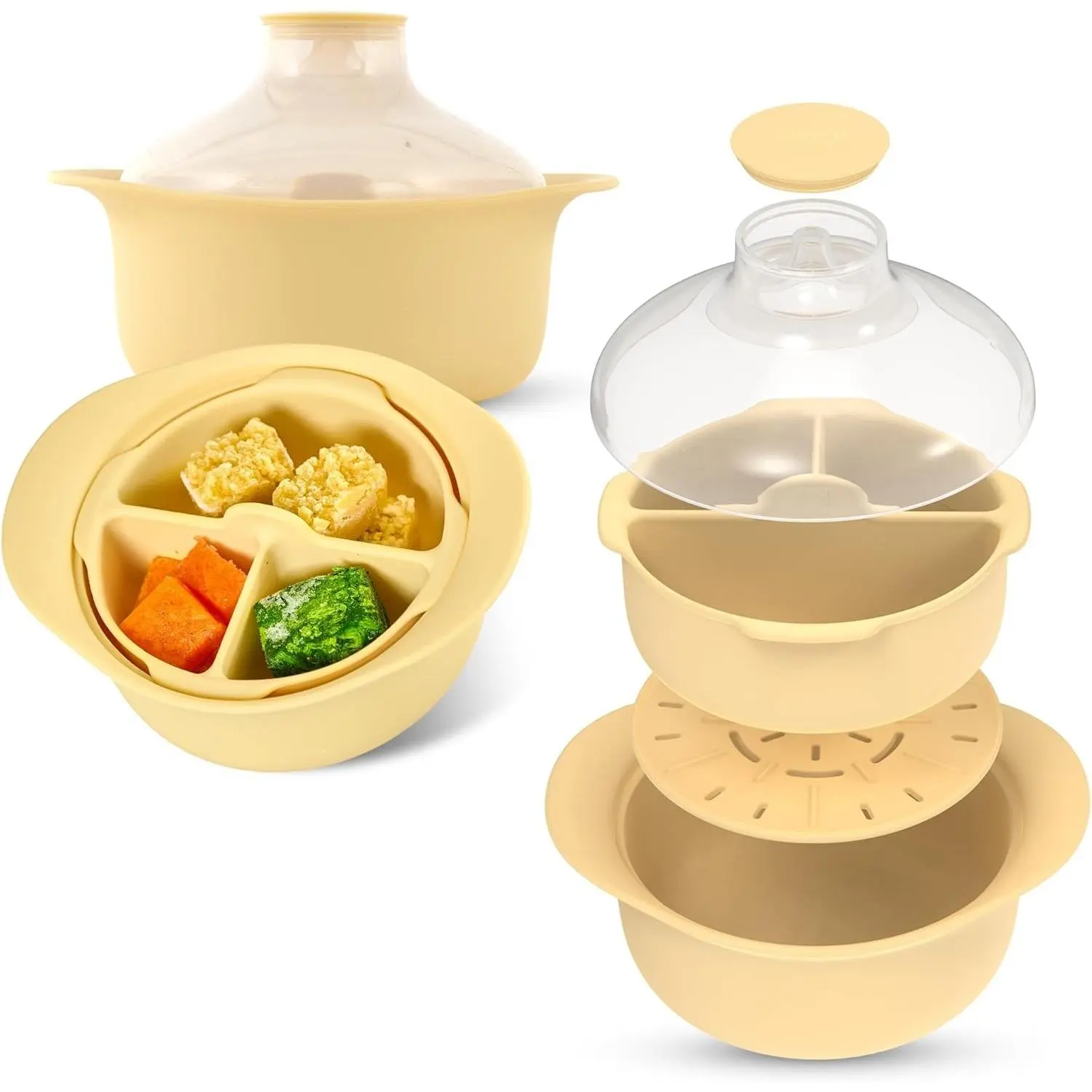 48oz 100% Food-Grade Platinum Silicone 3 Compartment Microwave Steamer Pot with Handle & Lid, Yellow Heat-Resistant Steamer Cooker with Steam Holes, Easy Clean, Dishwasher Safe