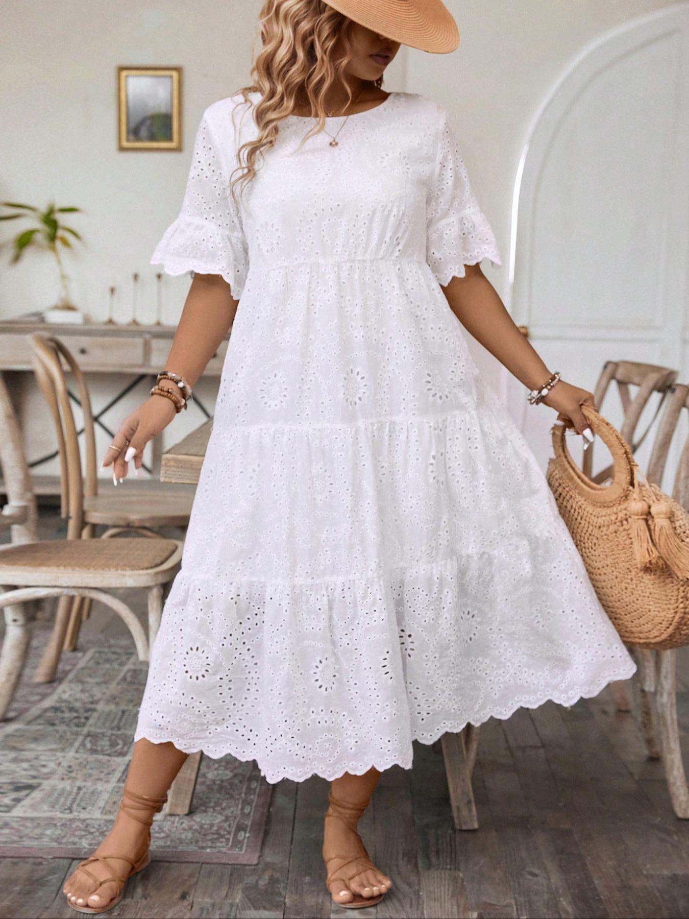 【Plus Size】 Plain Eyelet Embroidery Dress, Boho Fashion Round Neck Dress for Daily Holiday Vacation Wear, Women Plus Clothing for Summer