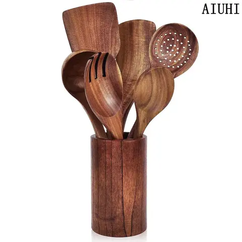 Wooden Utensil Set, 7 Counts/set Kitchenware Utensils, Kitchen Cooking Utensils with Storage Bucket, Kitchen Supplies, Kitchen Cooking Accessories for Home Use, Hand Tools, Spoons Set, Cookware