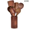 Wooden Utensil Set, 7 Counts/set Kitchenware Utensils, Kitchen Cooking Utensils with Storage Bucket, Kitchen Supplies, Kitchen Cooking Accessories for Home Use, Hand Tools, Spoons Set, Cookware