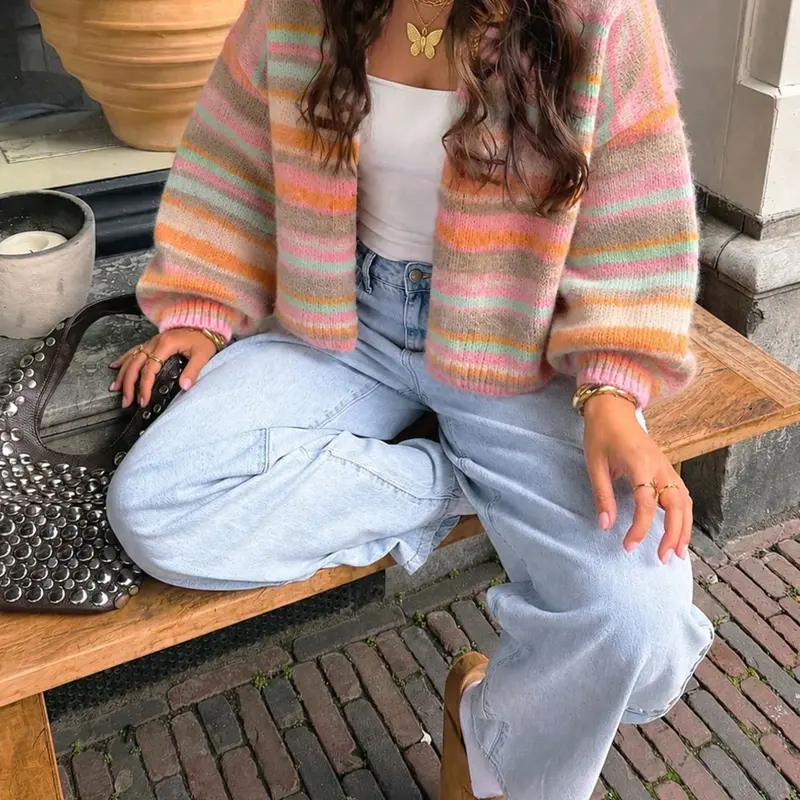 Women's Striped Knit Cardigan, Open‑Front Collarless Long‑Sleeve Soft Fuzzy Sweater Coat, Loose Knit Outerwear, Fall & Winter Daily Apparel, for Street & Outdoor Wear
