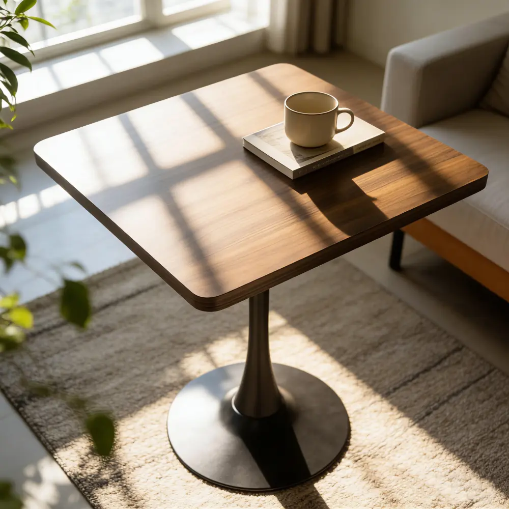 Mid-Century Heavy Duty Square Bistro Table - 27.6" Tulip Table with Thick Edge Decor Tabletop & Metal Pedestal, Neutral Home Dining Room Furniture for Small Kitchen Spaces