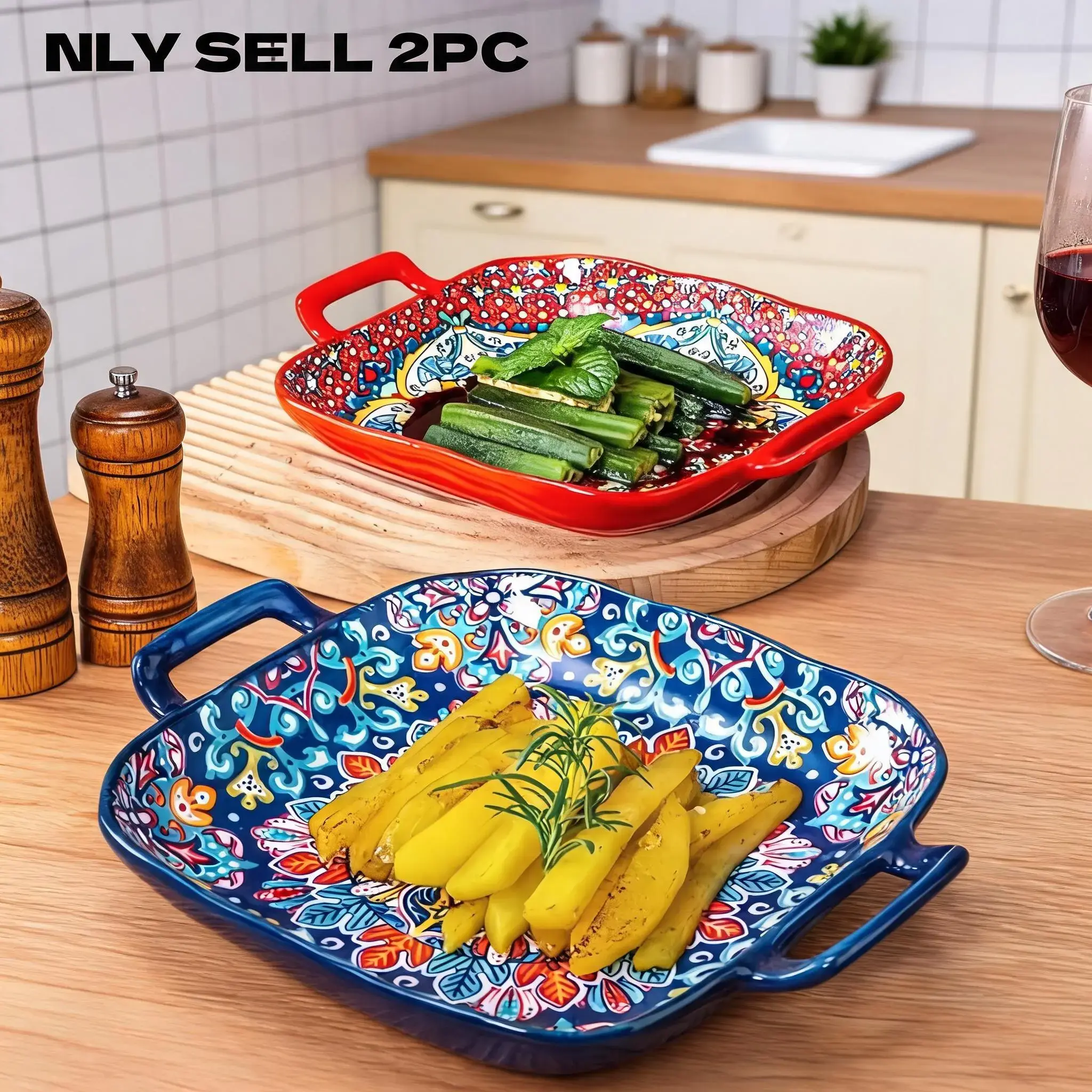 Boho Style Ceramic Serving Plate, 2 Counts Exquisite Flower Pattern Multicolor Dinner Plates with Handle, Creative Salad Plates for Home Kitchen, Dining Room & Picnic, Household Modern Dishwasher Safe Tableware Ceramic Dinnerware Set #GLOBAL PICKS