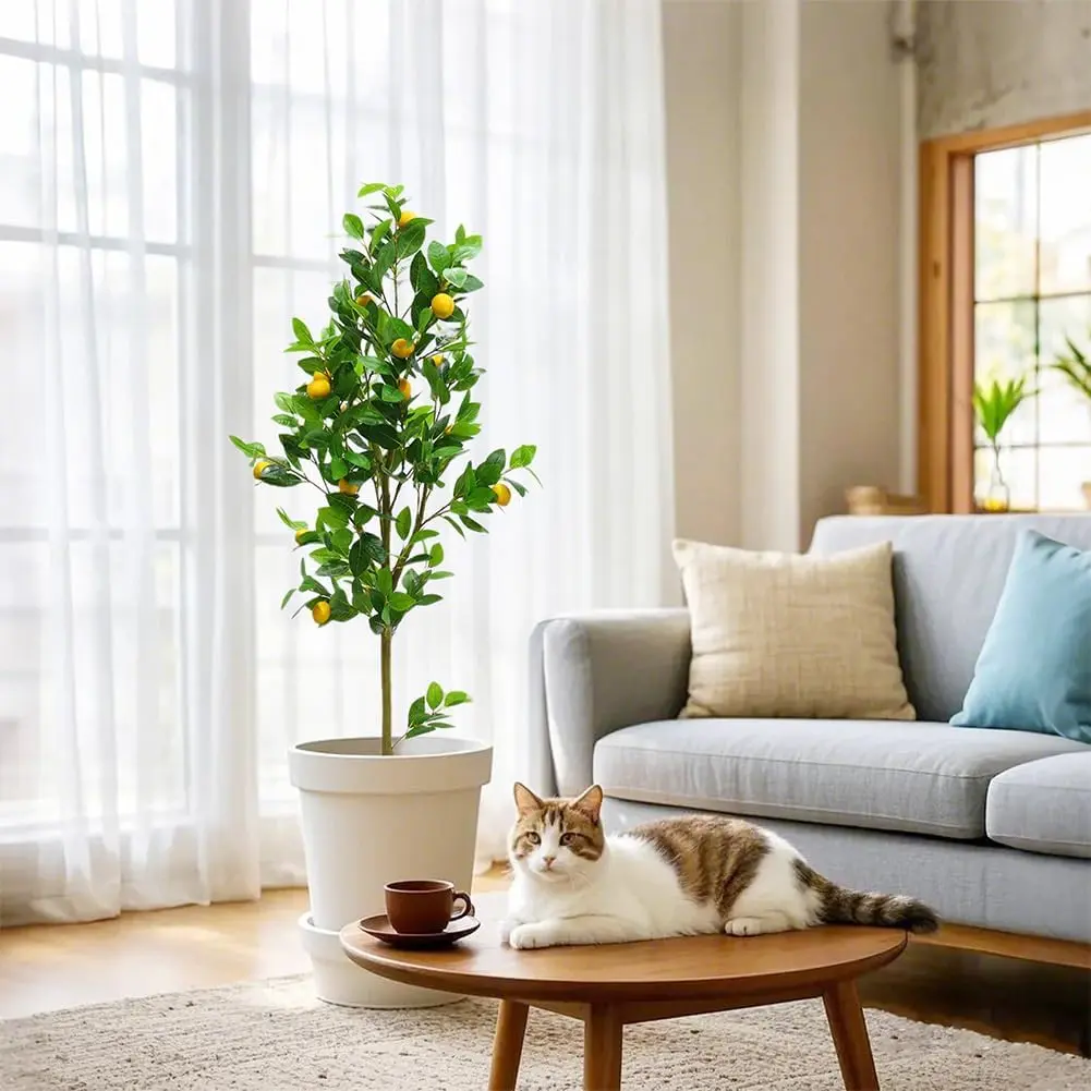 Realistic 5FT Artificial Lemon Tree with 20 Faux Lemons in White Pot – Silk Single Trunk, Triple shoots, Lifelike Home, Office, Garden, or Party Decor – Low Maintenance Indoor/Outdoor Plant