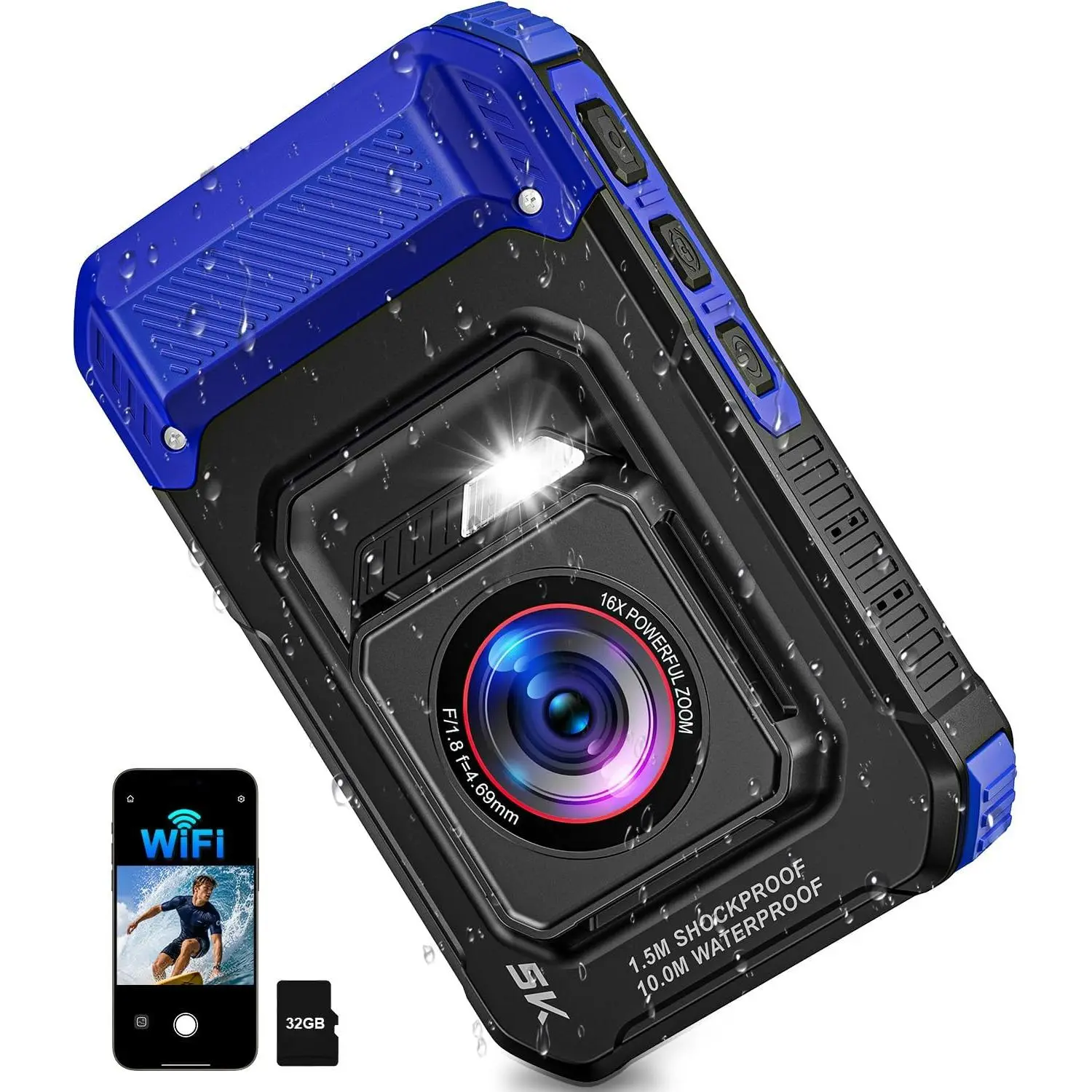 5K 33FT Underwater Camera 96MP Autofocus  Digital Camera, WiFi | -Lens Selfie, 5FT Shockproof 16X Zoom 60 Filters, Compact Point and Shoot Camera for Snorkeling Surfing Swimming, Blue