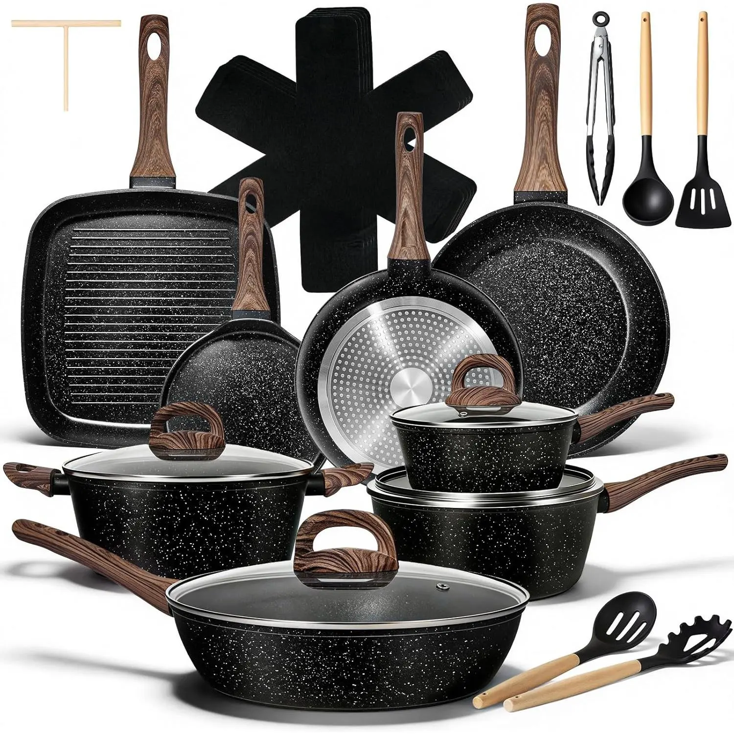 25 count Pots and Pans Set, Nonstick Ceramic Cookware Sets,  , Large Capacity, Induction Compatible, Cooking Set with Frying Pans & Saucepans, /PTFE/PFOA Free, Classic Black