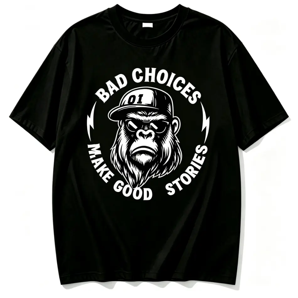 100% Cotton Black White Vintage Gorilla Wearing Cap And Sunglasses Circle Bad Choices Make Good Stories Lightning Accent Slogan Graphic T Shirt Retro Streetwear Animal Humor Soft Loose Fit Cotton Short Sleeve Men Casual Tee