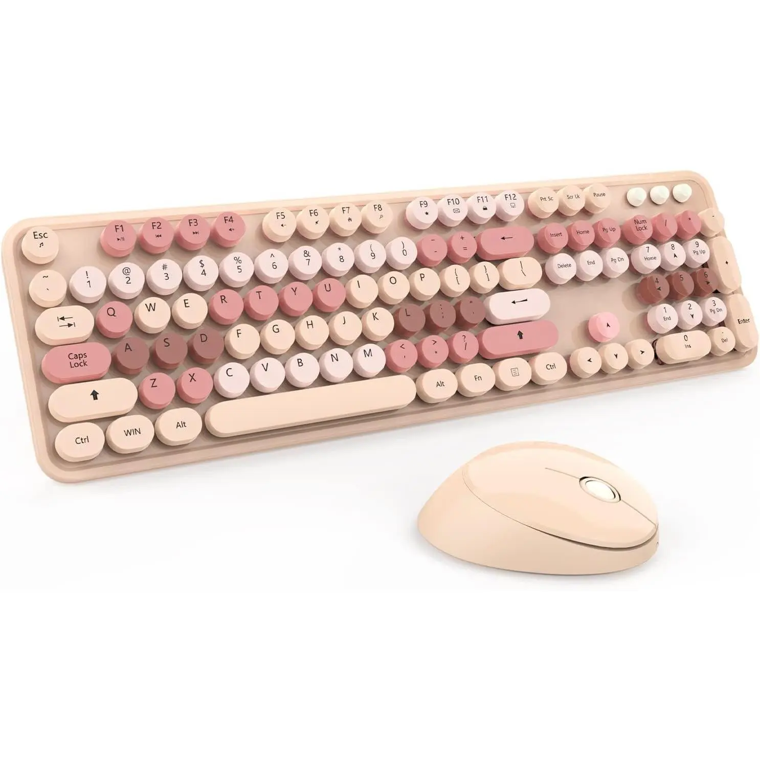 Wireless Keyboard and Mouse, Cute Keyboard and Mouse Combo with Retro Round Keycap, 2.4G Connectivity for PC, Mac, Laptop, Computer Windows (Milk Tea)