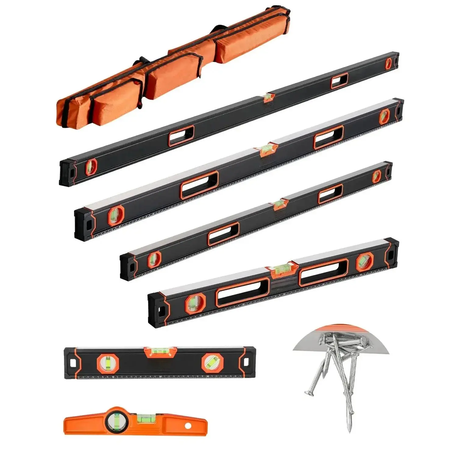 6-Piece Magnetic Torpedo Level Set, Aluminum Alloy Hardware & Construction Tools with 78/48/32/24/16/10 in Bubble Vial Rulers, 45/90/180 Degree Measurement, Shock-Resistant, SAE & Metric Scales