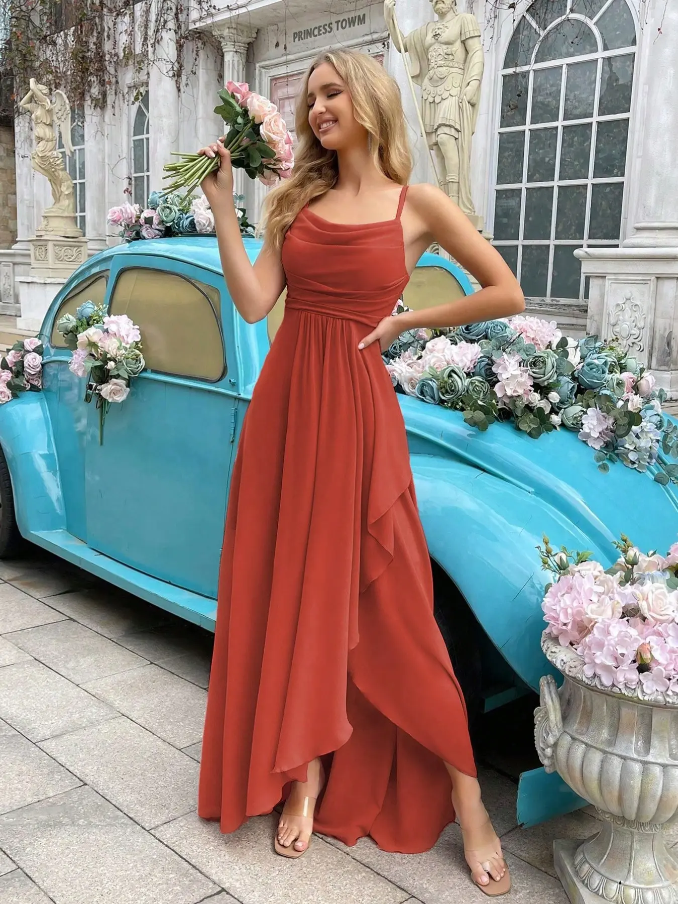 Elegant Simple Women Wedding Formal Dress Summer Bridesmaid Gown For Weddings, Guest, Dinner, Formal Events, Engagement Party, Lawn Wedding Solid Color Spaghetti Strap Cowl Neck Asymmetric Hem Halter Bridesmaid Long Dresses
