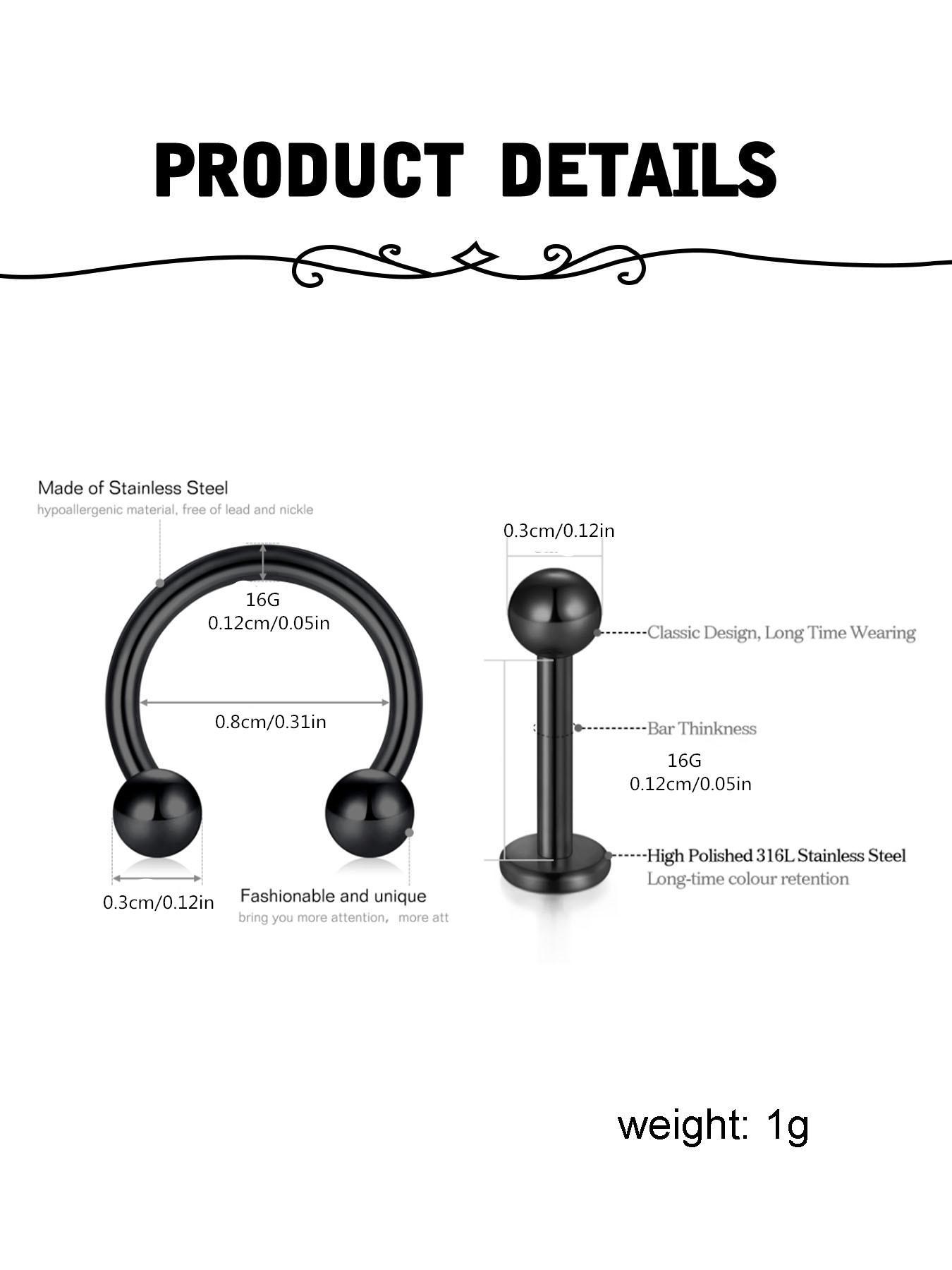 U-shaped Nose Ring, Spiral Nose Ring & Double Ball Lip Nail As Gift for Couple, 36pcs Stainless Steel Nose Rings, Lip Rings, Earrings, Body Piercing Jewelry for Men & Women