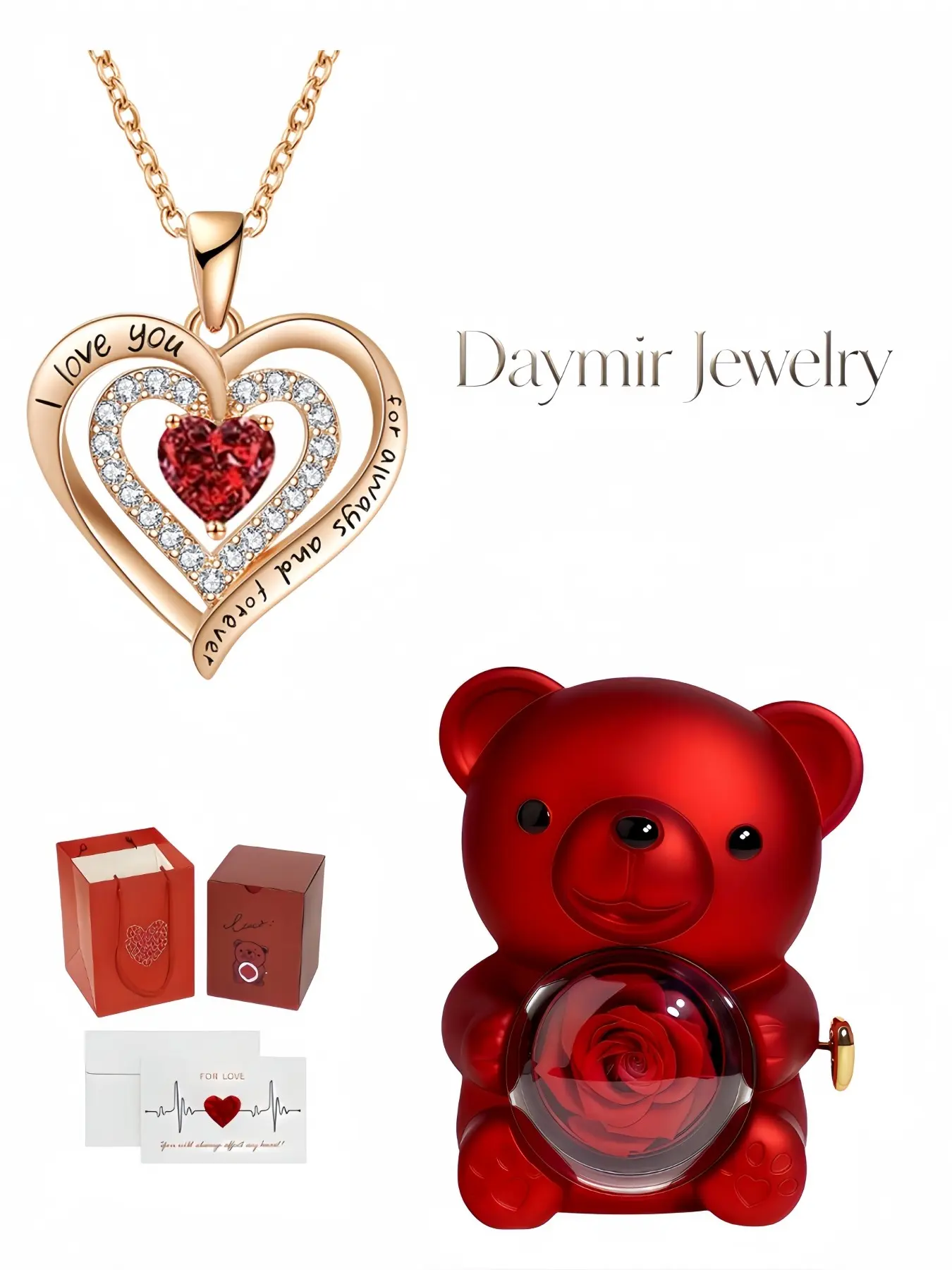 "Eternal Confession" Double Layer Red Heart Diamond Clavicle Stainless Steel Chain, matched with cute rotating rose bear jewelry box, a mysterious gift for birthdays, Mother's Day, Valentine's Day and Christmas.