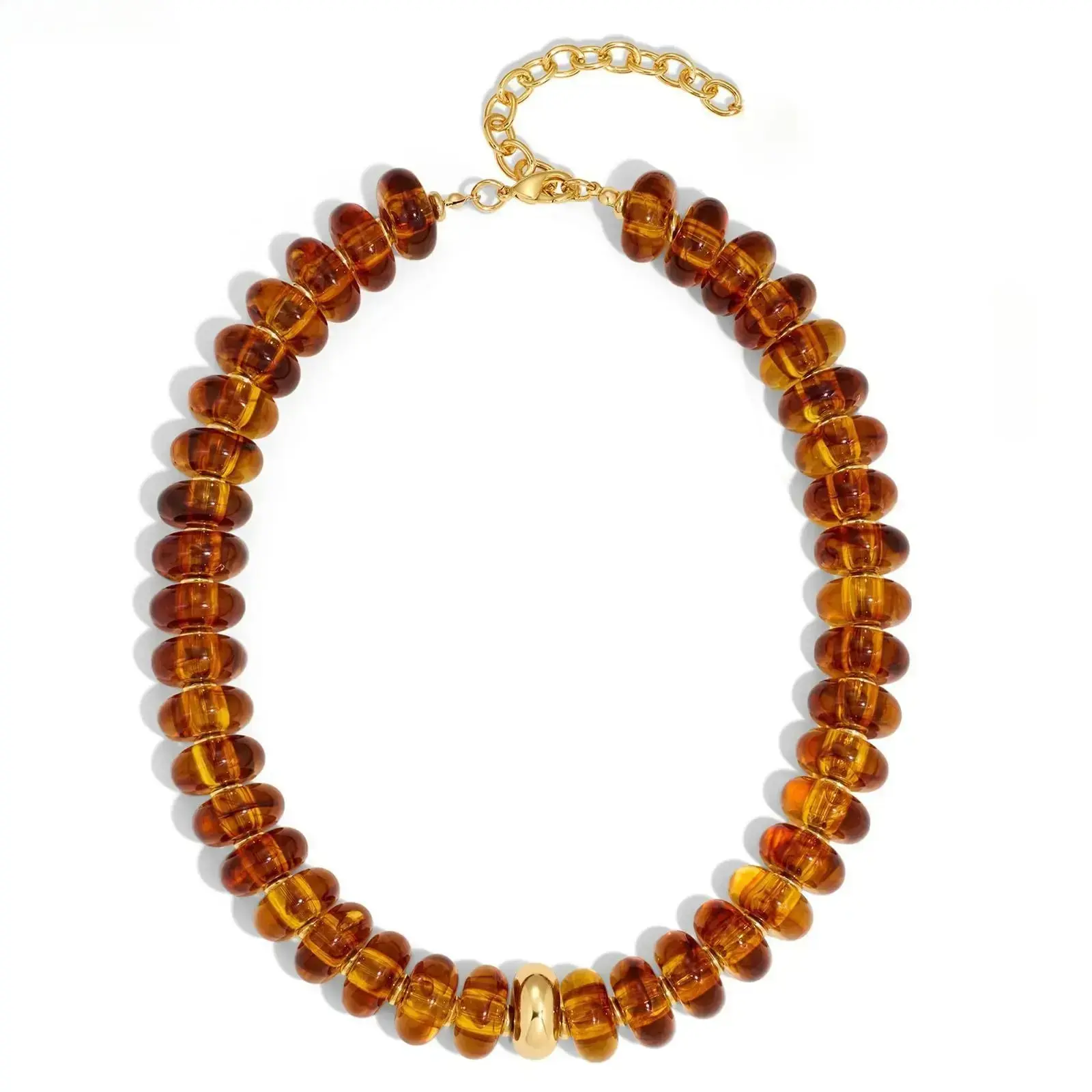 Vintage Tortoiseshell Amber Disc Beaded Choker Necklace, Chunky Gold Accent Adjustable Chain Statement Jewelry for Retro Fall Outfits